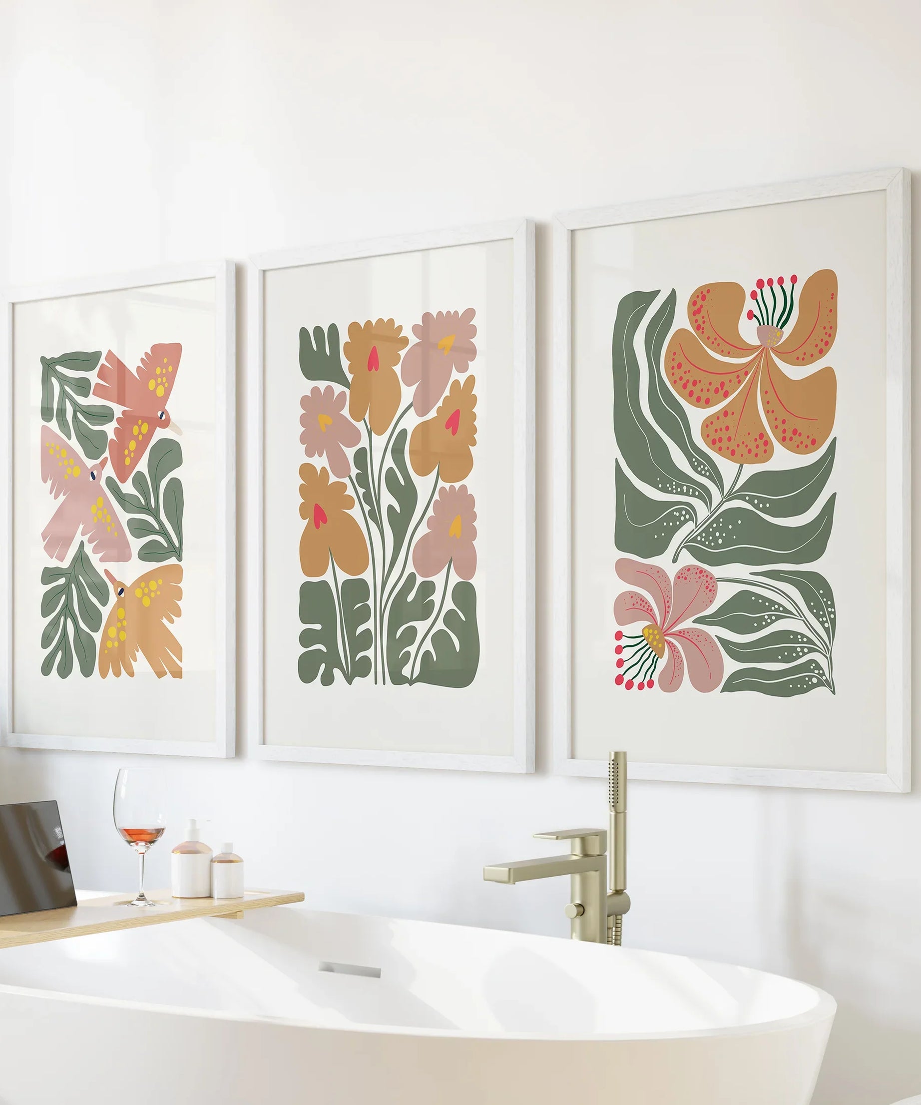 Abstract Botanical Set of 3 Prints. Retro Flower Gallery Art