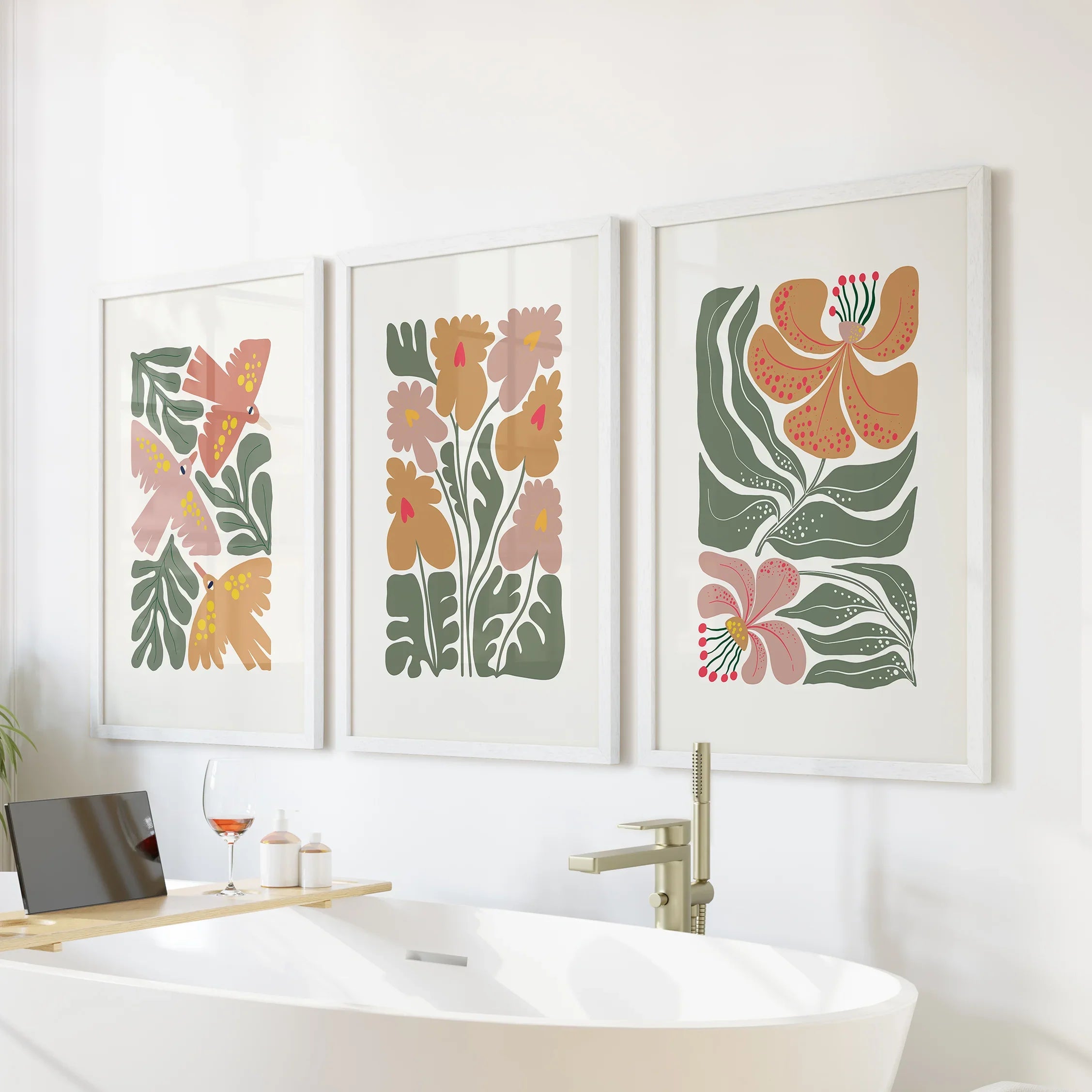 Abstract Botanical Set of 3 Prints. Retro Flower Gallery Art