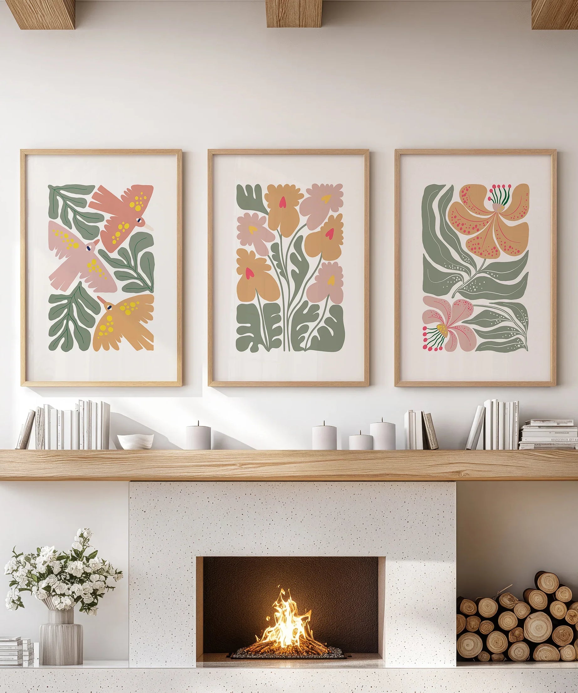 Abstract Botanical Set of 3 Prints. Retro Flower Gallery Art