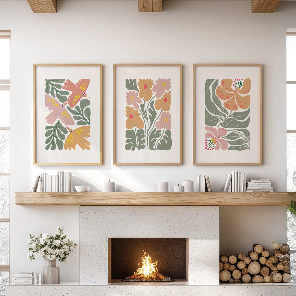 Abstract Botanical Set of 3 Prints. Retro Flower Gallery Art