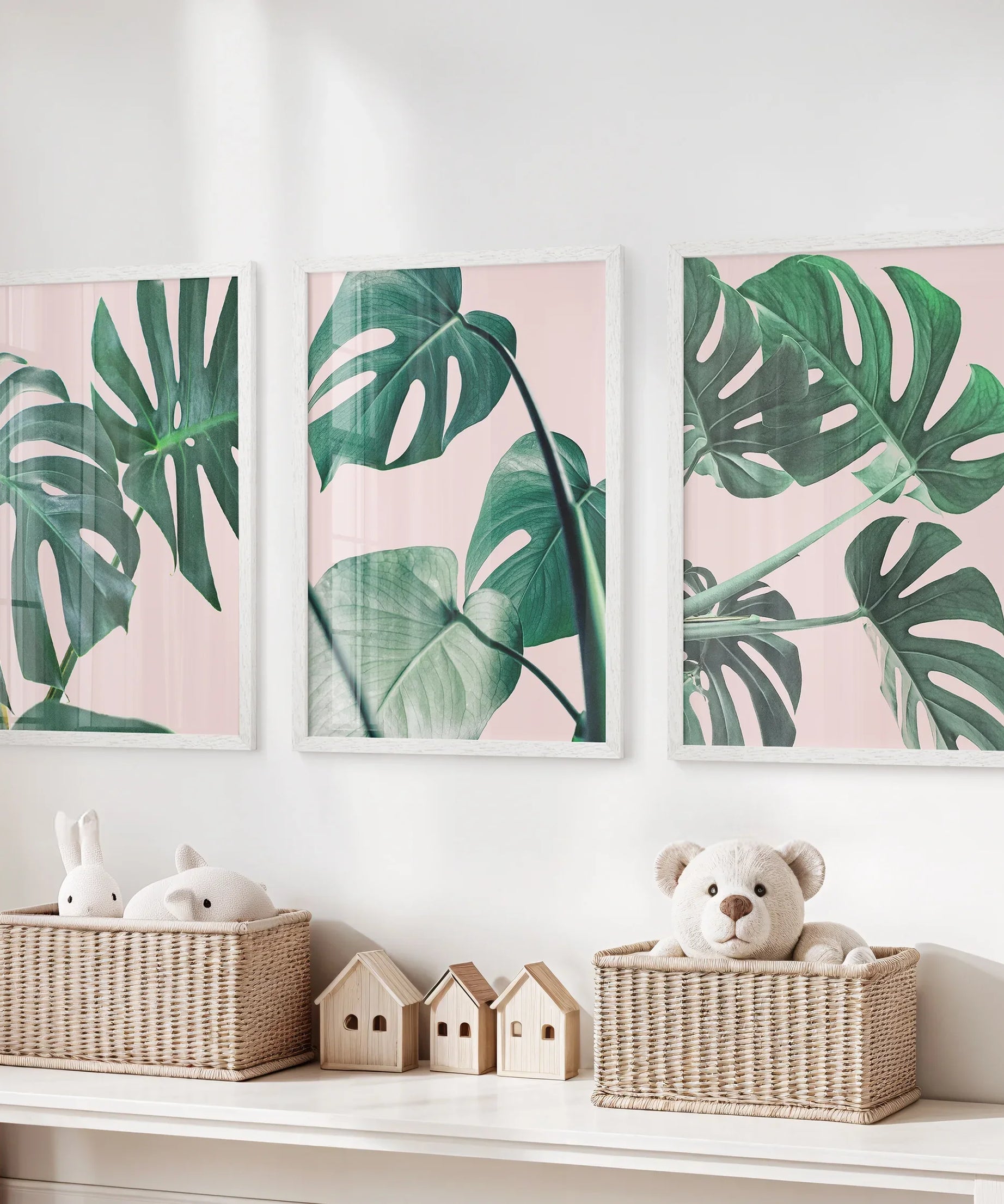 Pink Botanical 3 Piece Wall Art. Green Monstera Leaves Print