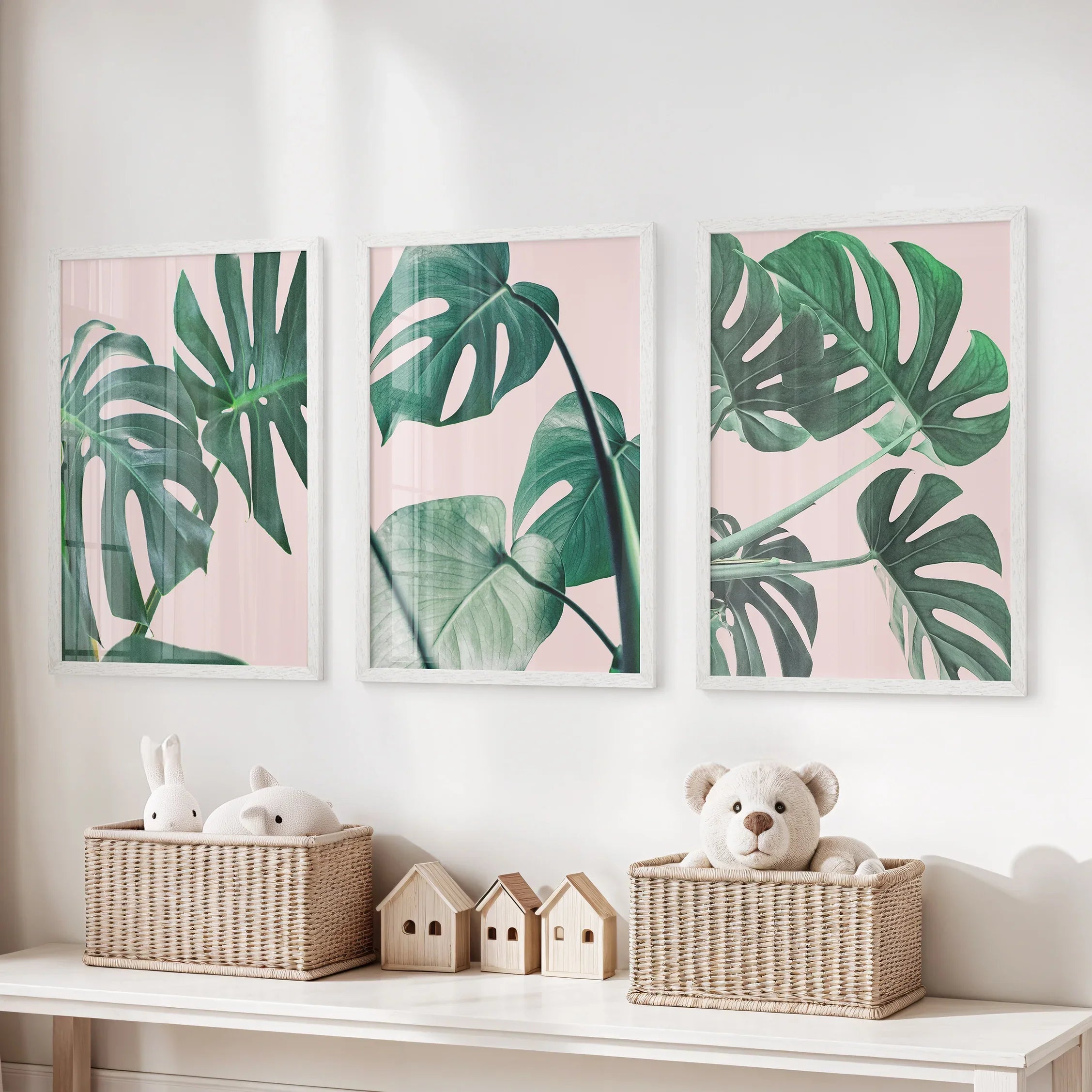 Pink Botanical 3 Piece Wall Art. Green Monstera Leaves Print
