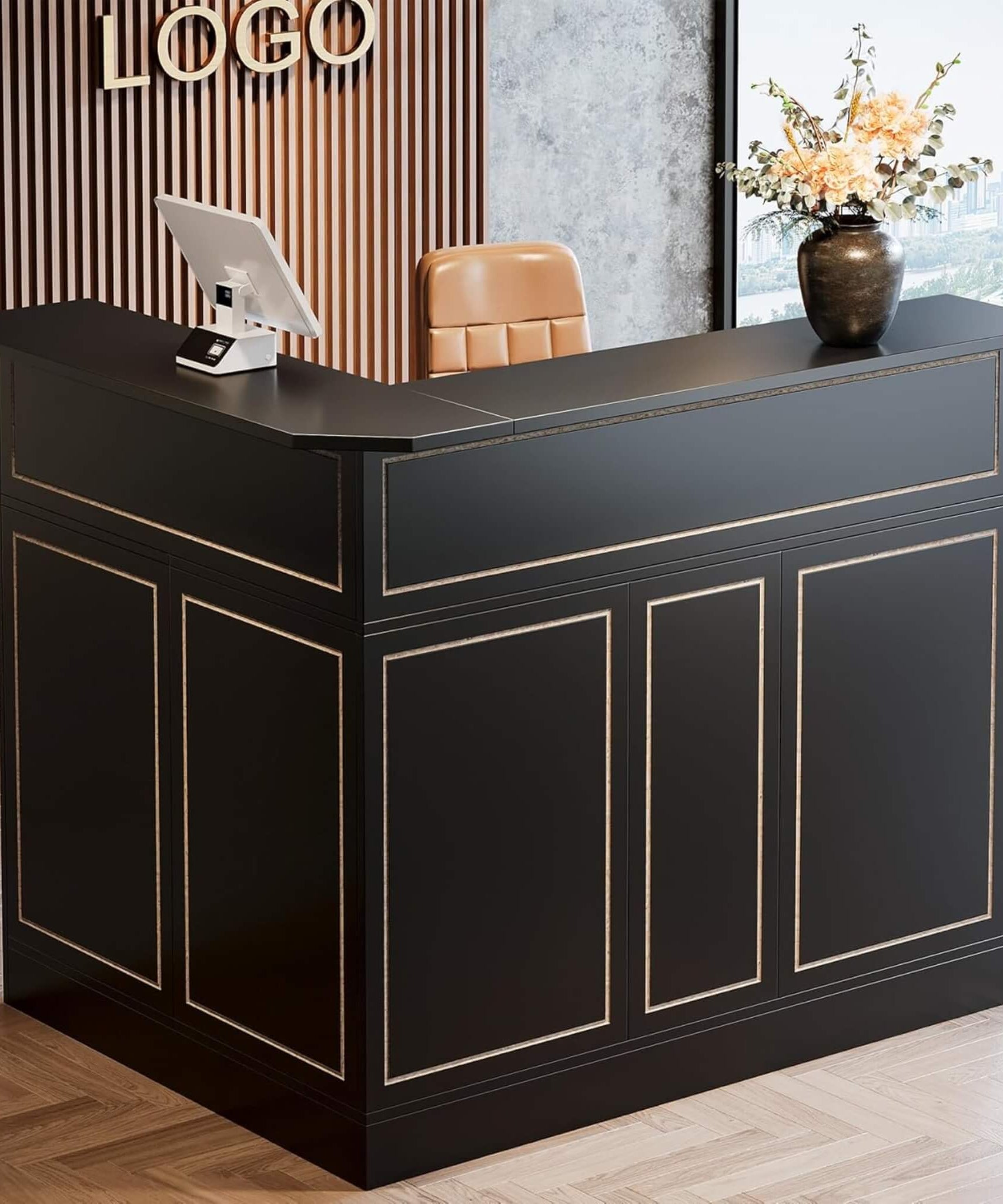 Velmor Modern L-Shaped Reception Desk With Storage Shelves (SAK81036)
