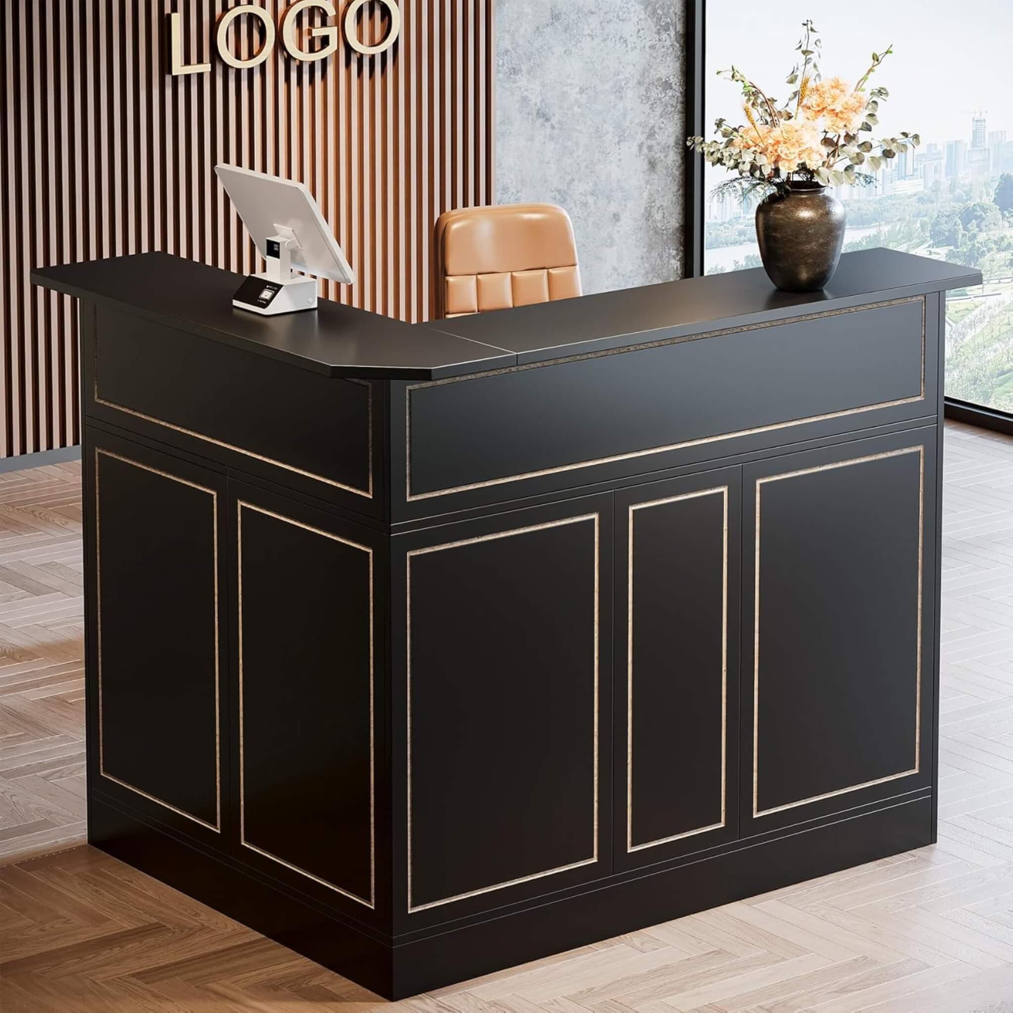 Velmor Modern L-Shaped Reception Desk With Storage Shelves (SAK81036)