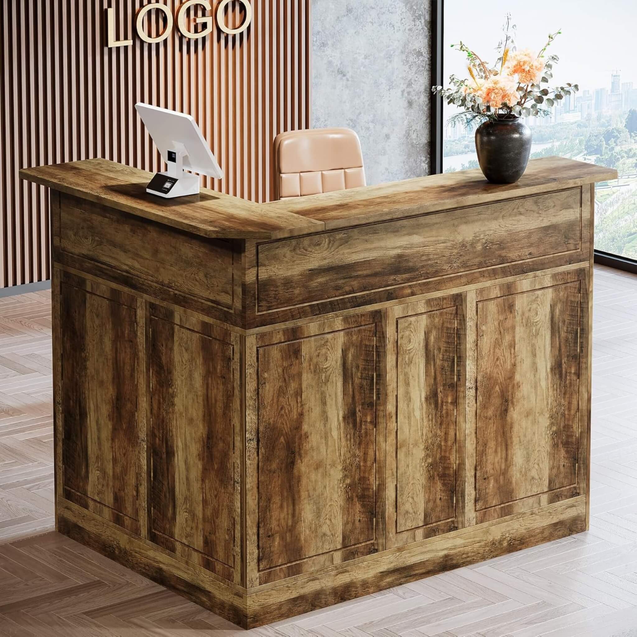Velmor Modern L-Shaped Reception Desk With Storage Shelves (SAK81036)