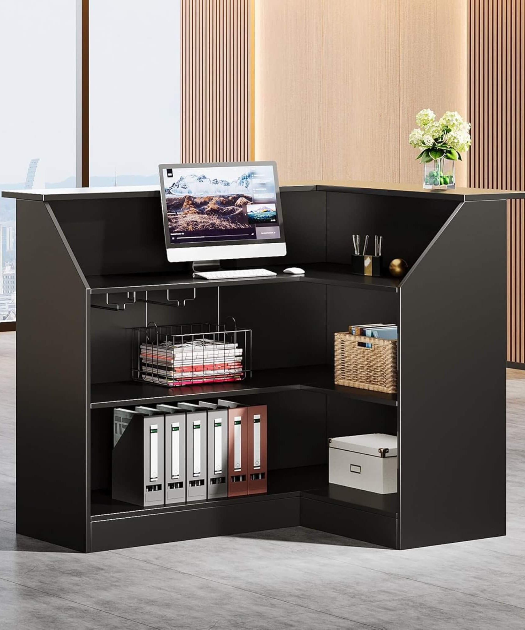 Velmor Modern L-Shaped Reception Desk With Storage Shelves (SAK81036)