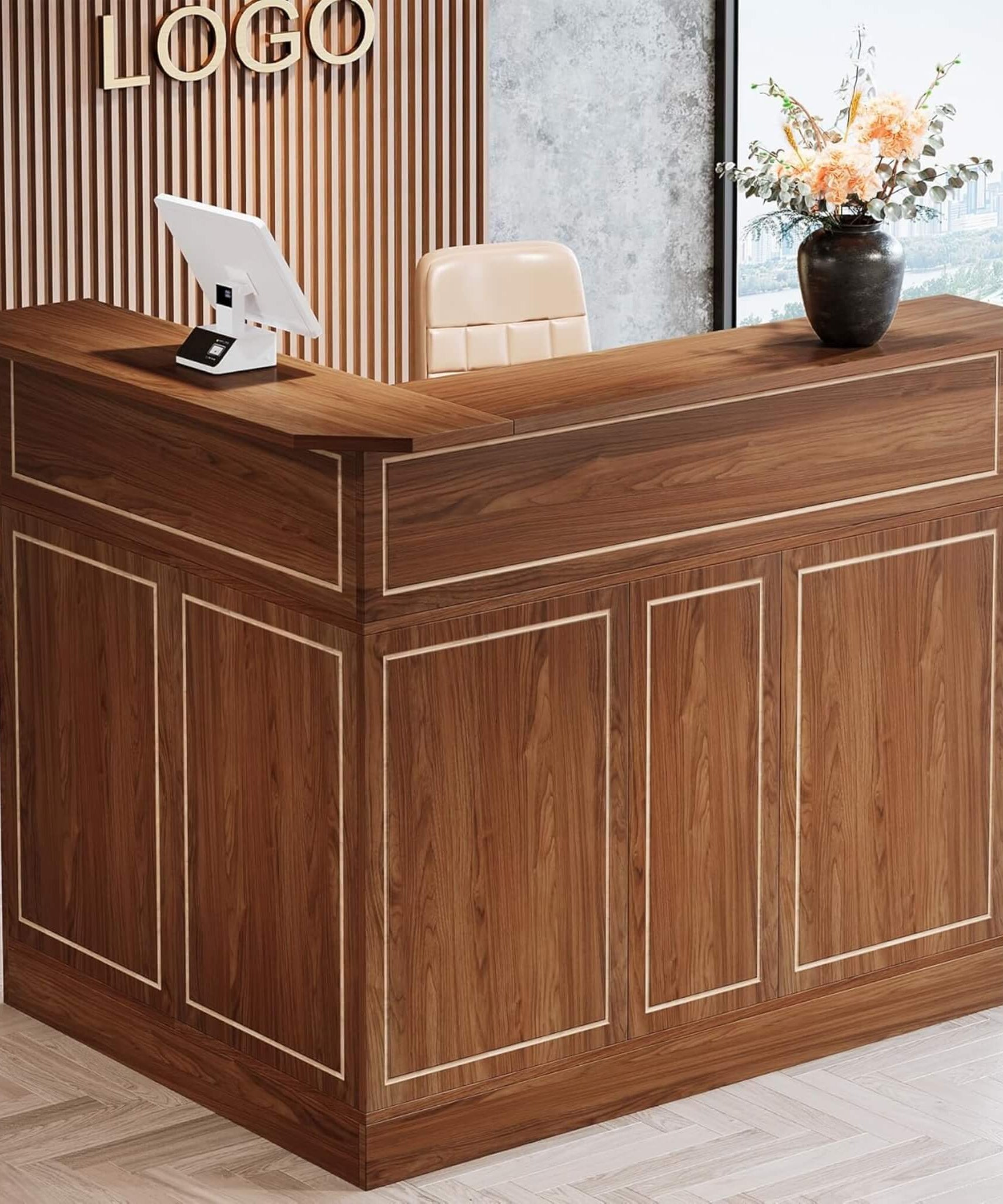 Velmor Modern L-Shaped Reception Desk With Storage Shelves (SAK81036)