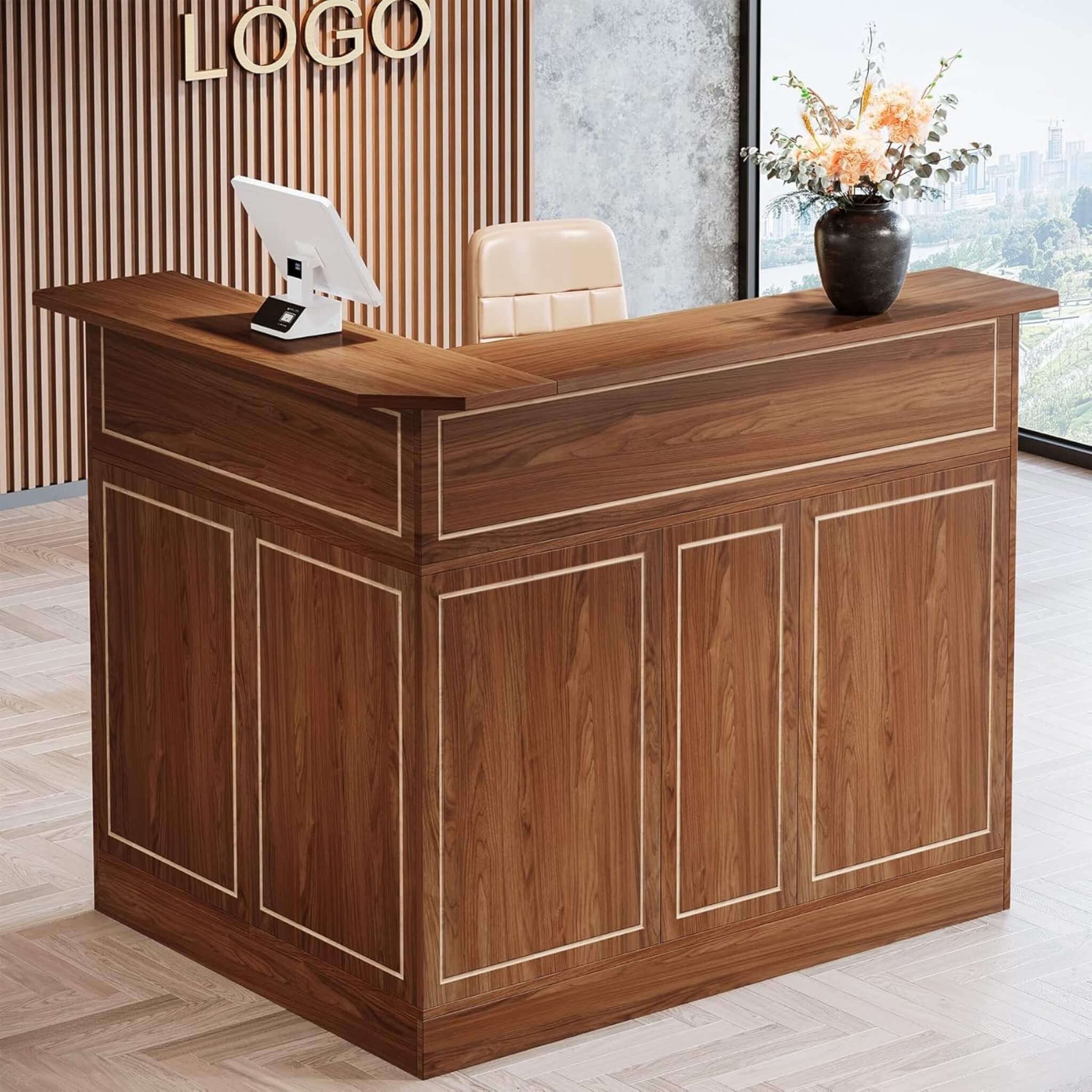 Velmor Modern L-Shaped Reception Desk With Storage Shelves (SAK81036)