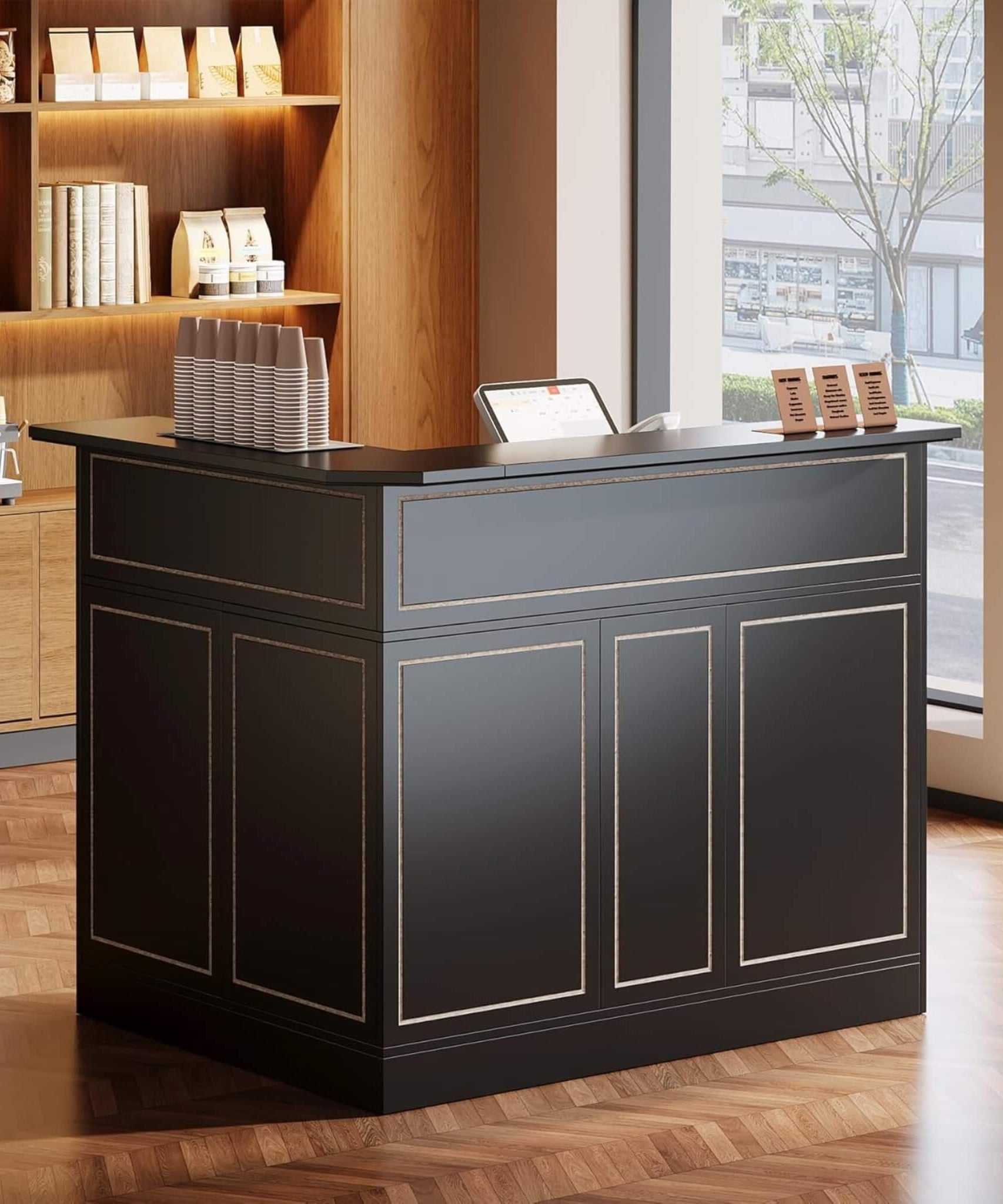 Velmor Modern L-Shaped Reception Desk With Storage Shelves (SAK81036)
