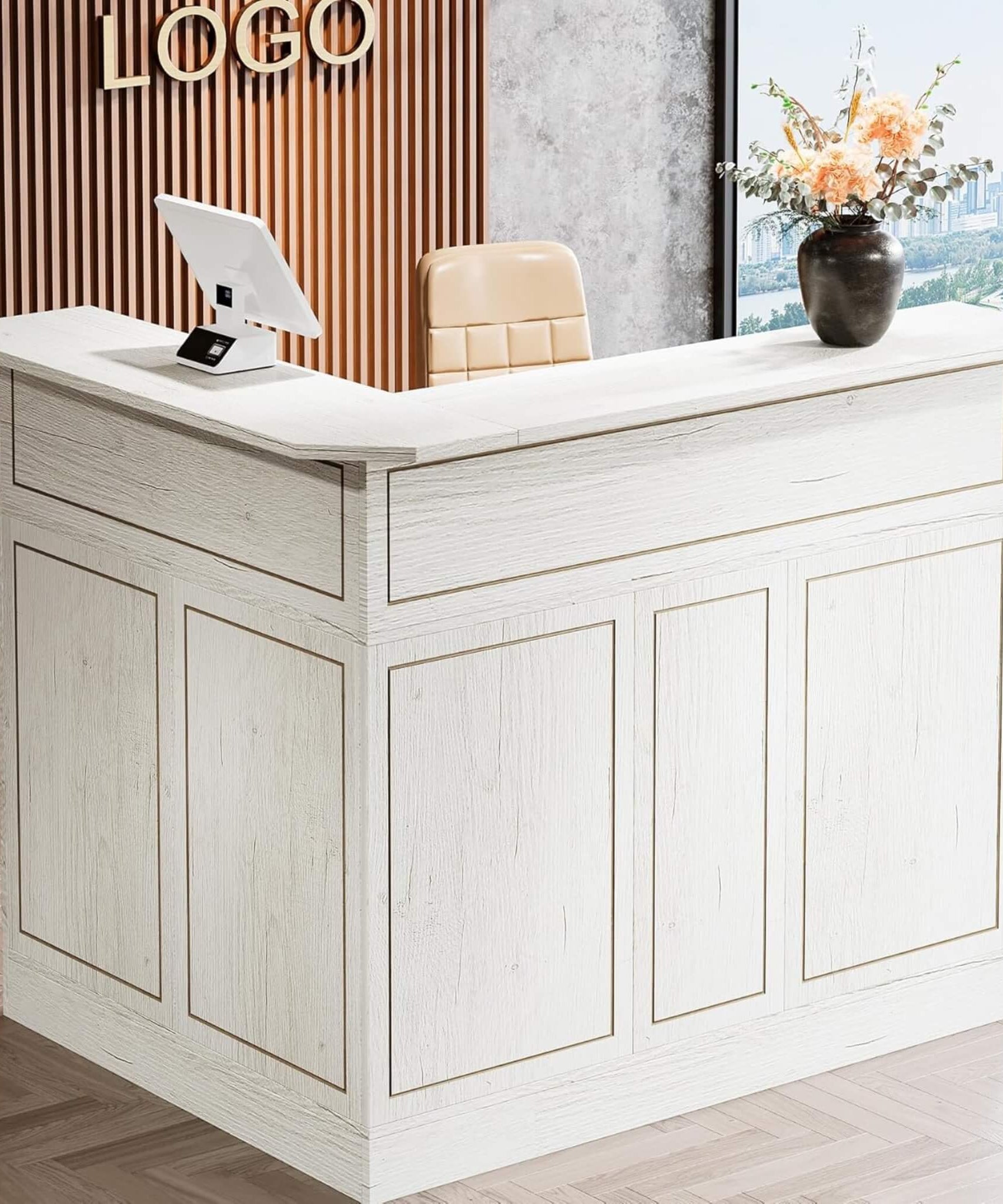 Velmor Modern L-Shaped Reception Desk With Storage Shelves (SAK81036)