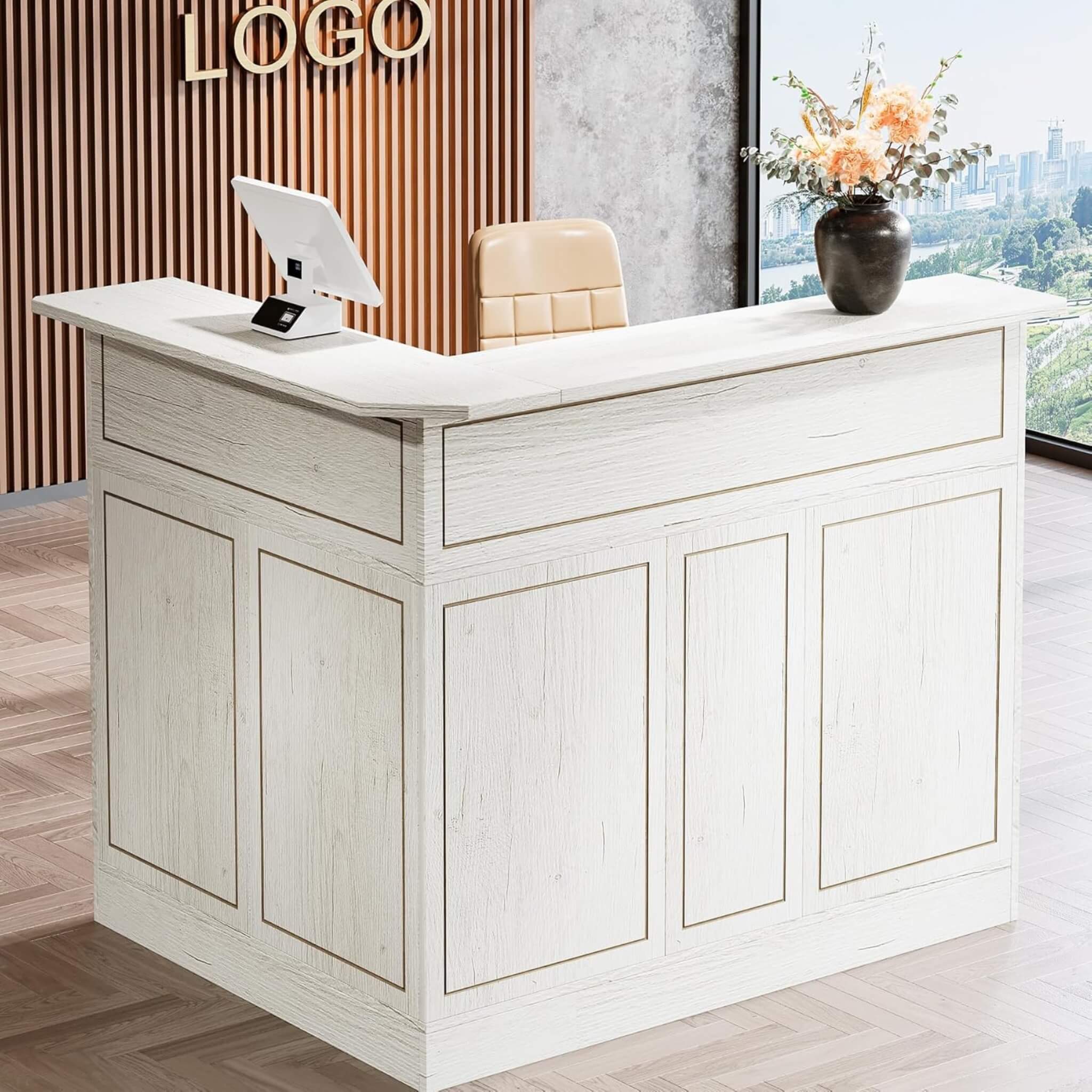 Velmor Modern L-Shaped Reception Desk With Storage Shelves (SAK81036)