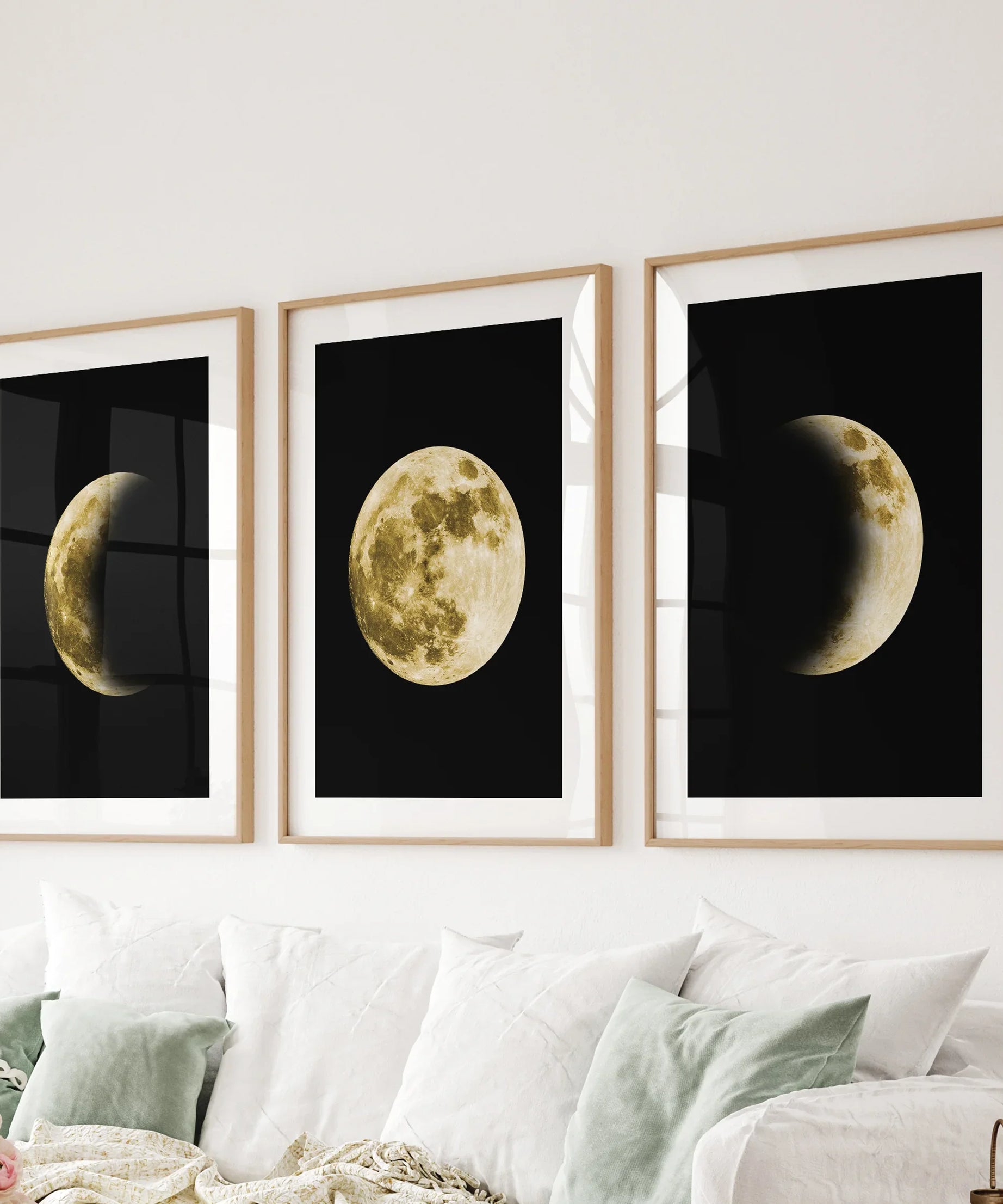 Celestial Moon 3 Piece Wall Decor. Gold Full Moon, Phases