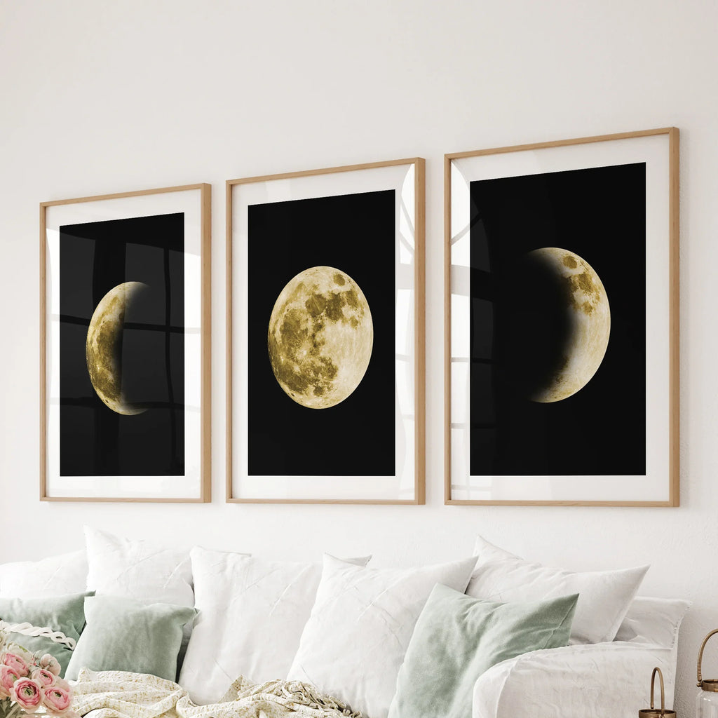 Celestial Moon 3 Piece Wall Decor. Gold Full Moon, Phases