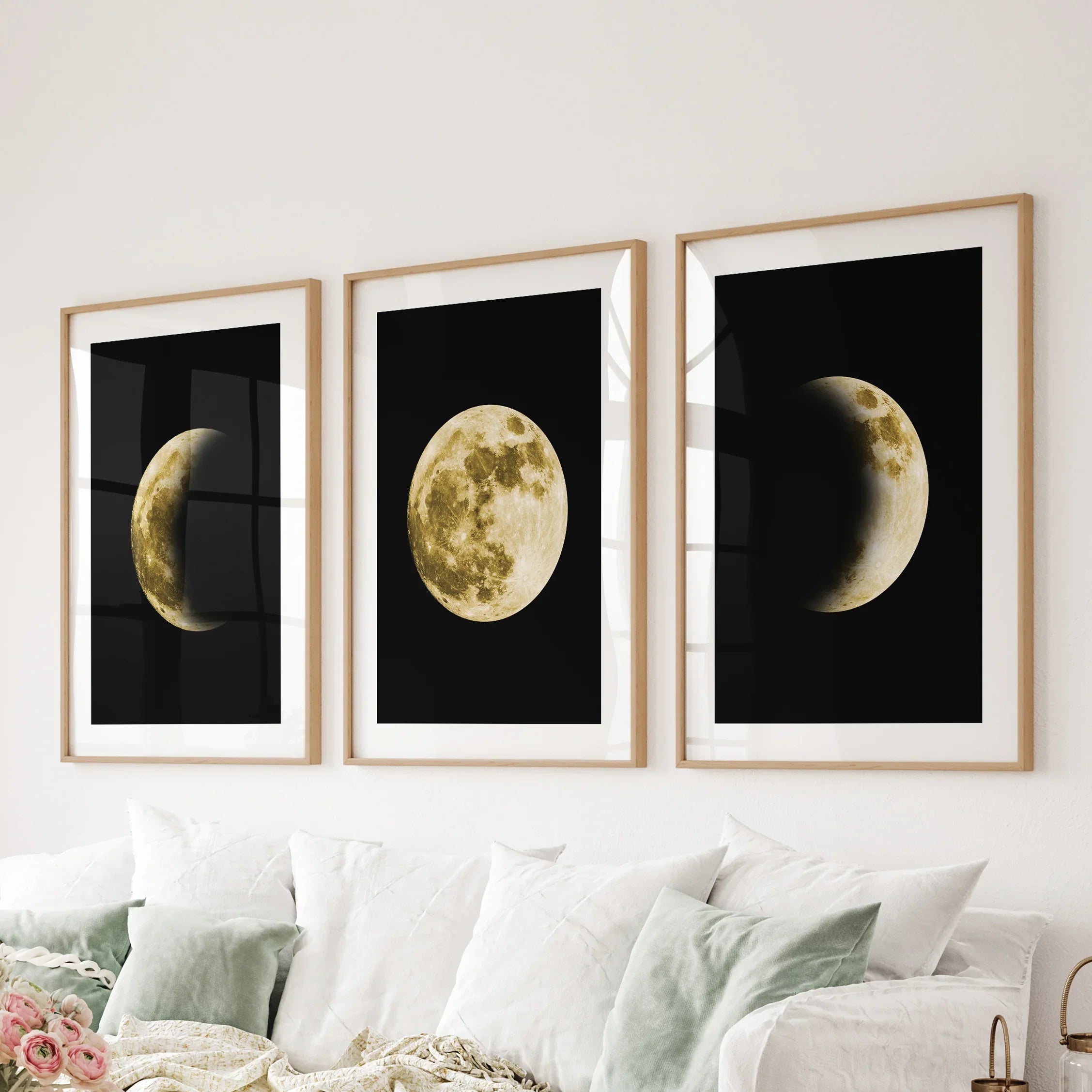 Celestial Moon 3 Piece Wall Decor. Gold Full Moon, Phases