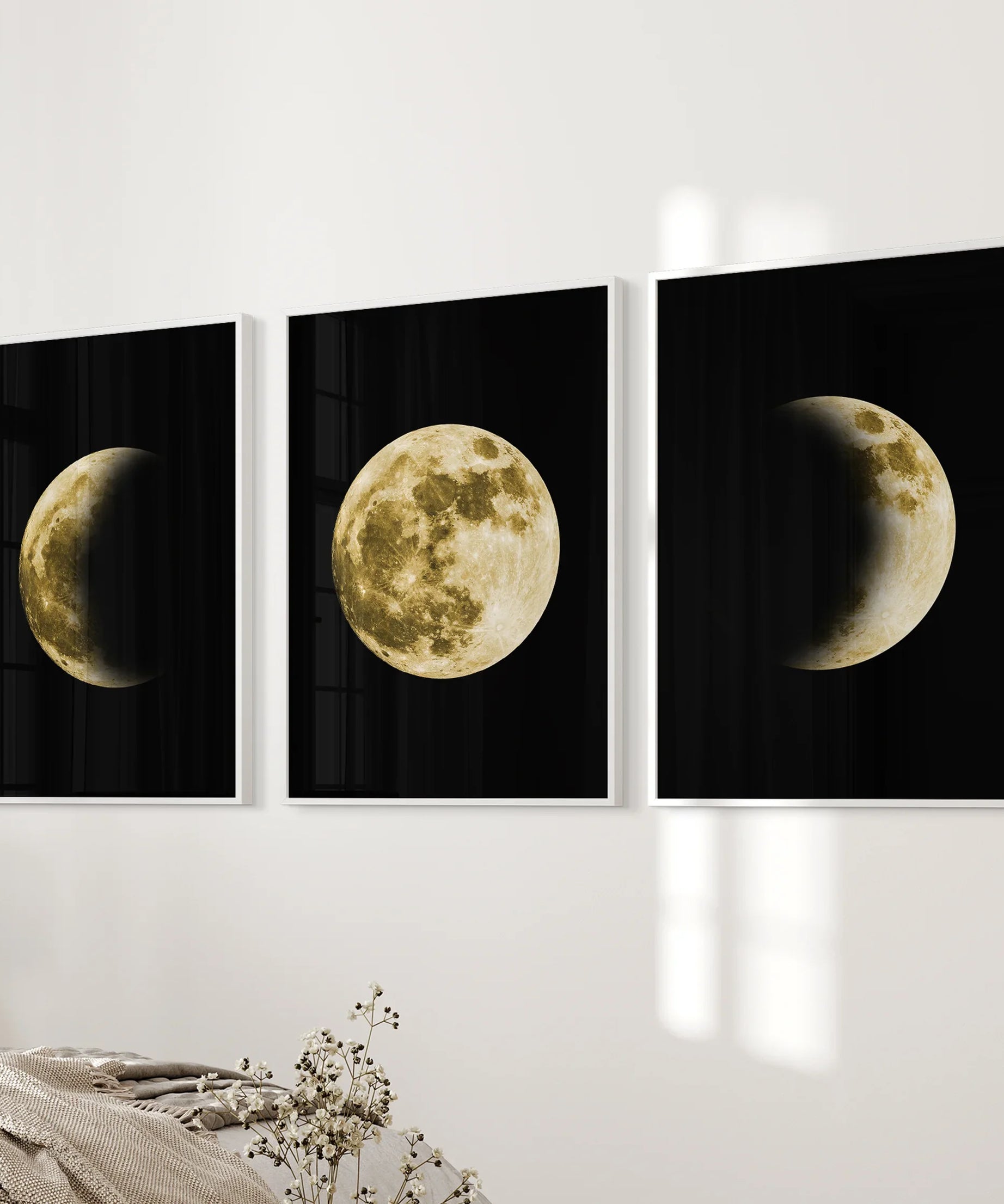 Celestial Moon 3 Piece Wall Decor. Gold Full Moon, Phases