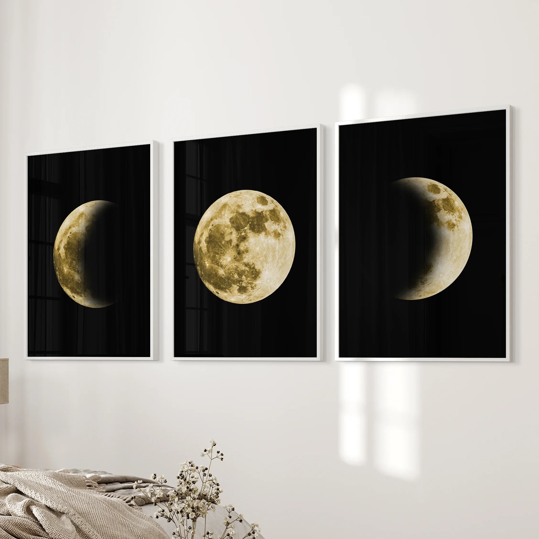 Celestial Moon 3 Piece Wall Decor. Gold Full Moon, Phases
