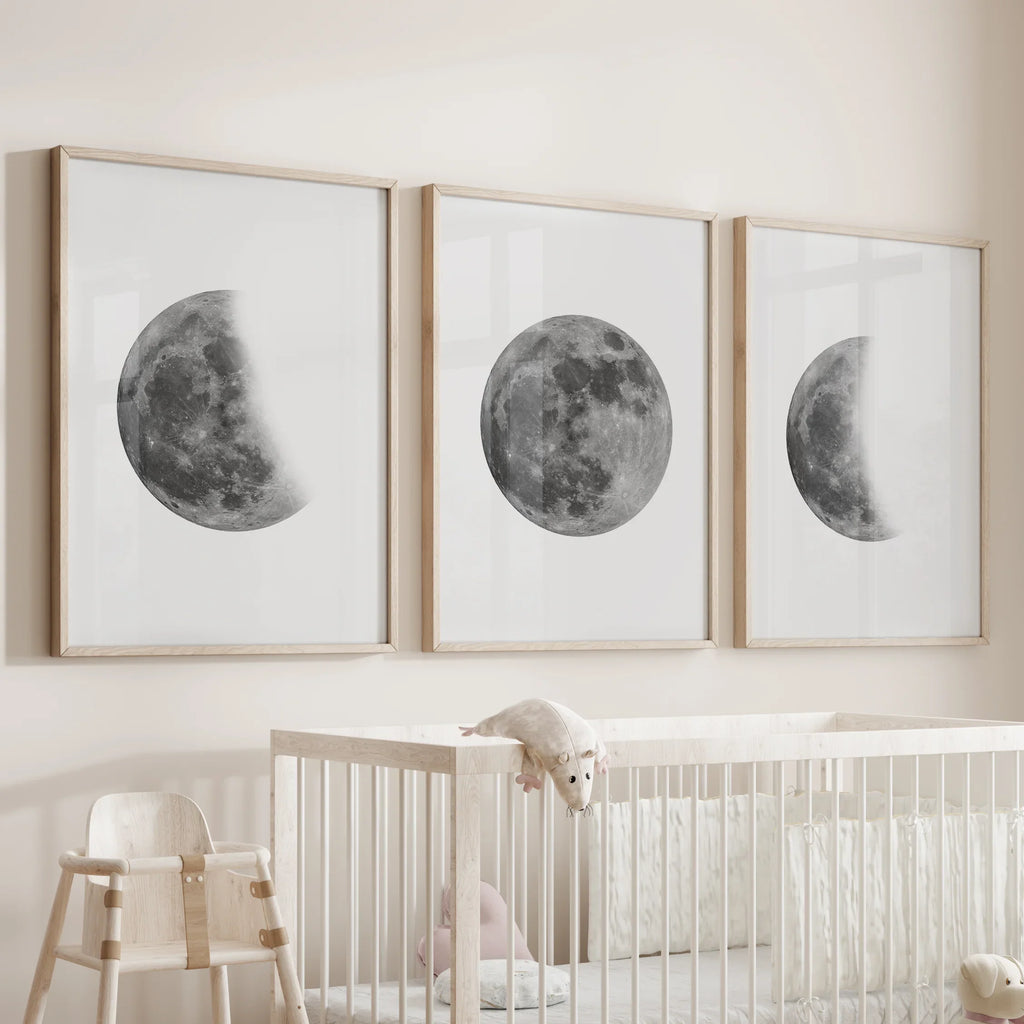 Moon Phases Set of 3 Prints. Black and White Lunar Cycle