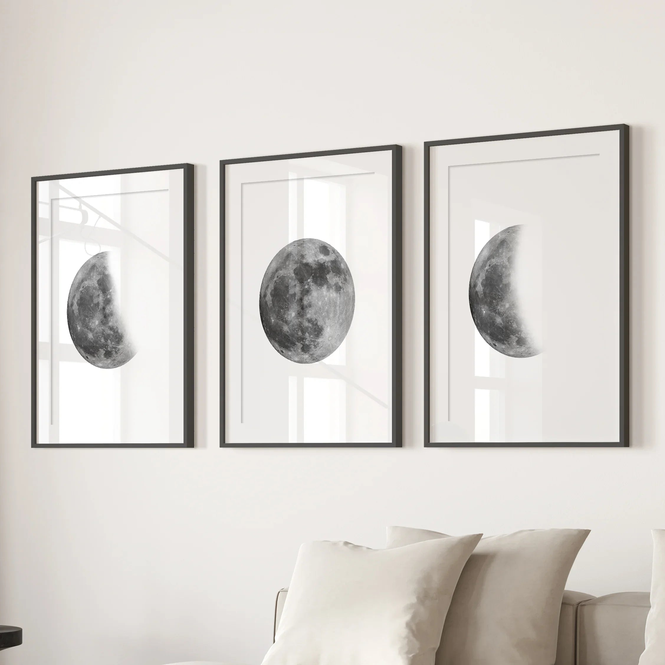 Moon Phases Set of 3 Prints. Black and White Lunar Cycle