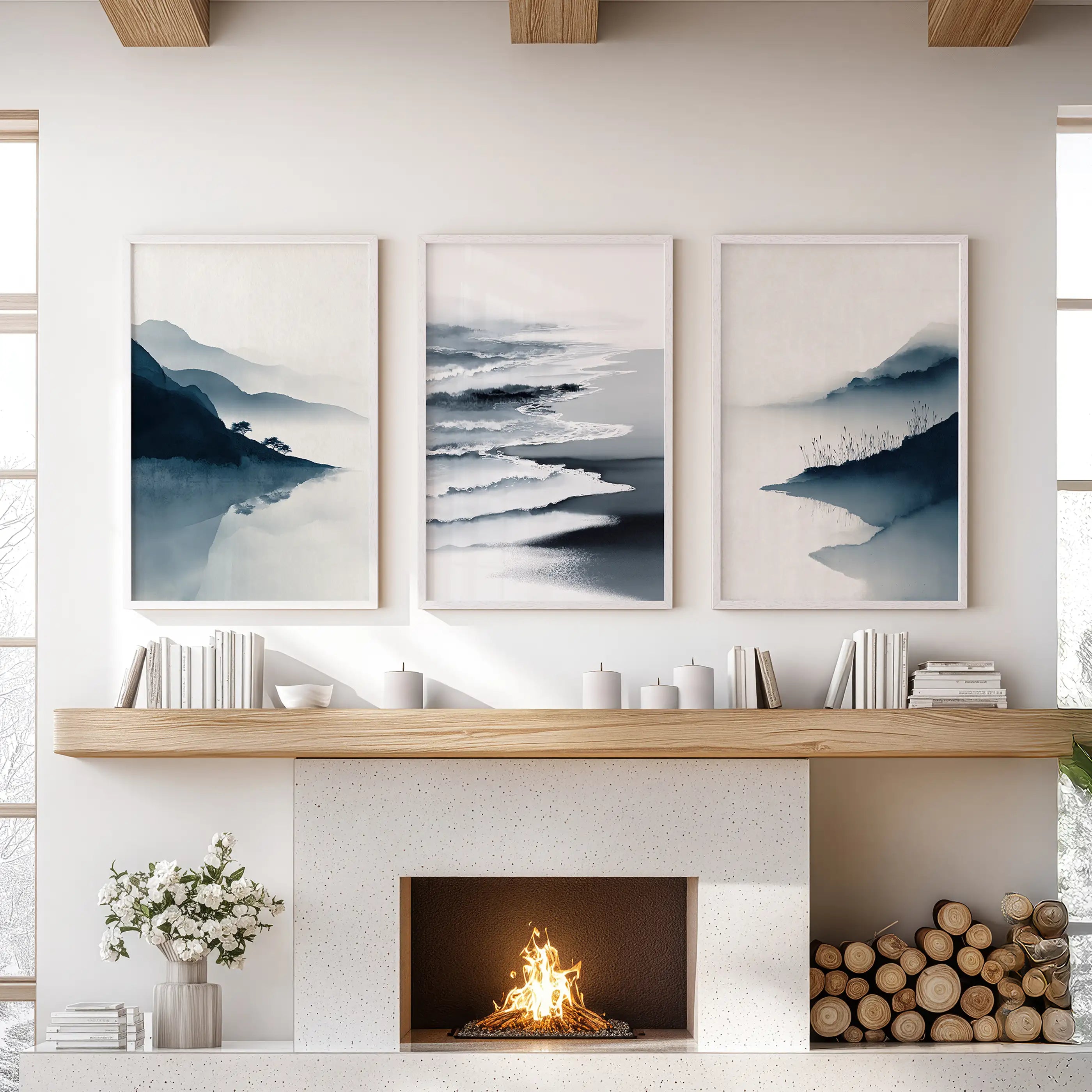 Minimalist Mountain Lake Set of 3. Modern Landscape Prints