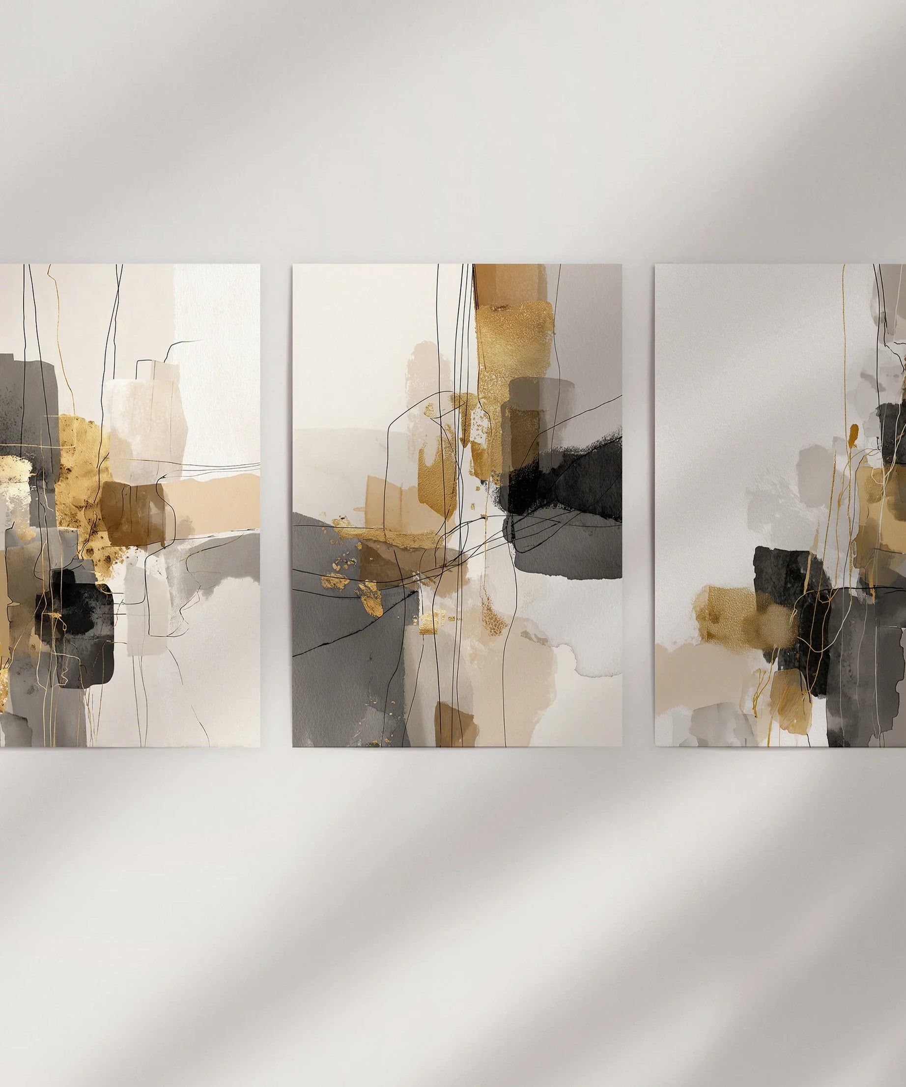 Neutral Abstract Wall Art Set of 3. Beige, Gray, Gold Prints