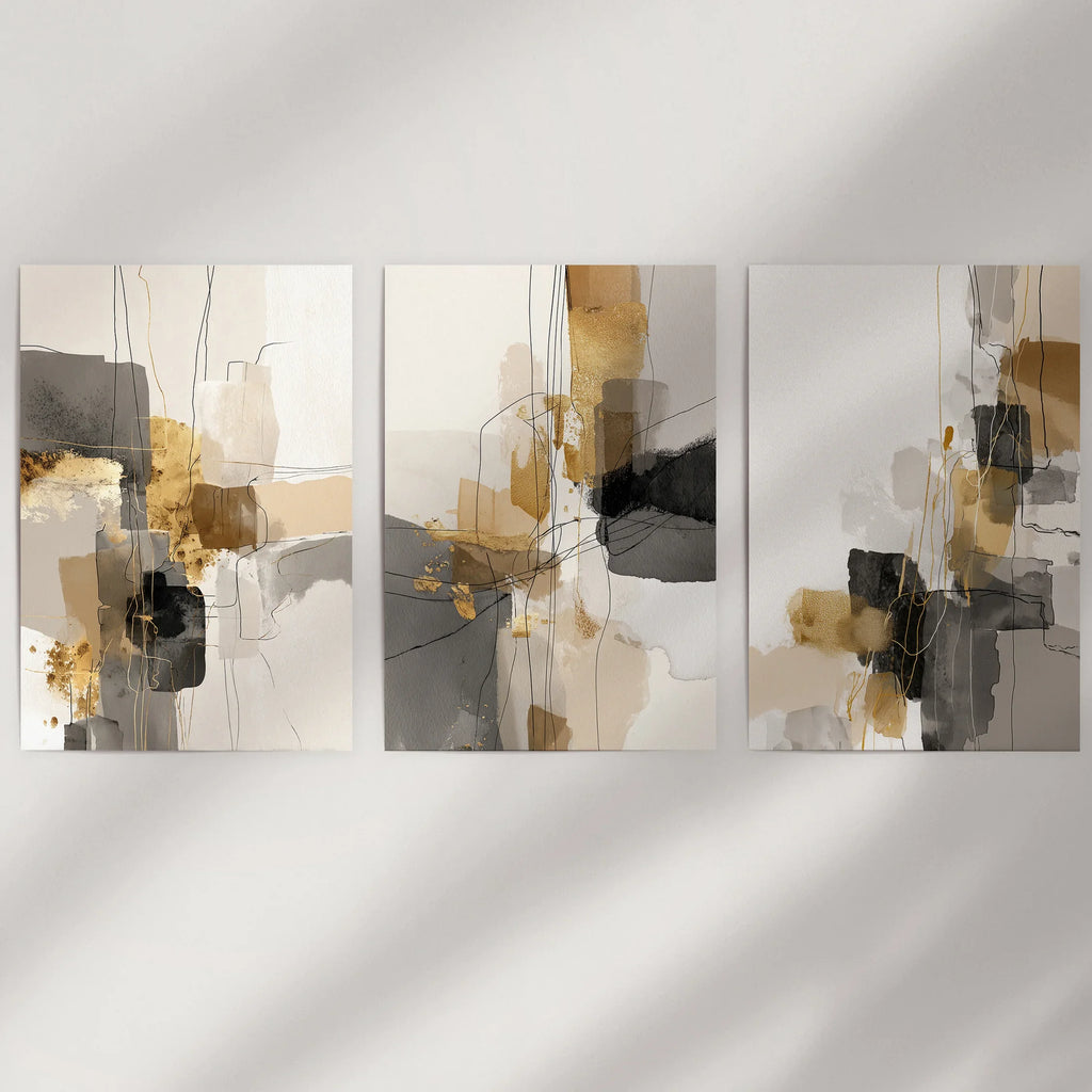 Neutral Abstract Wall Art Set of 3. Beige, Gray, Gold Prints