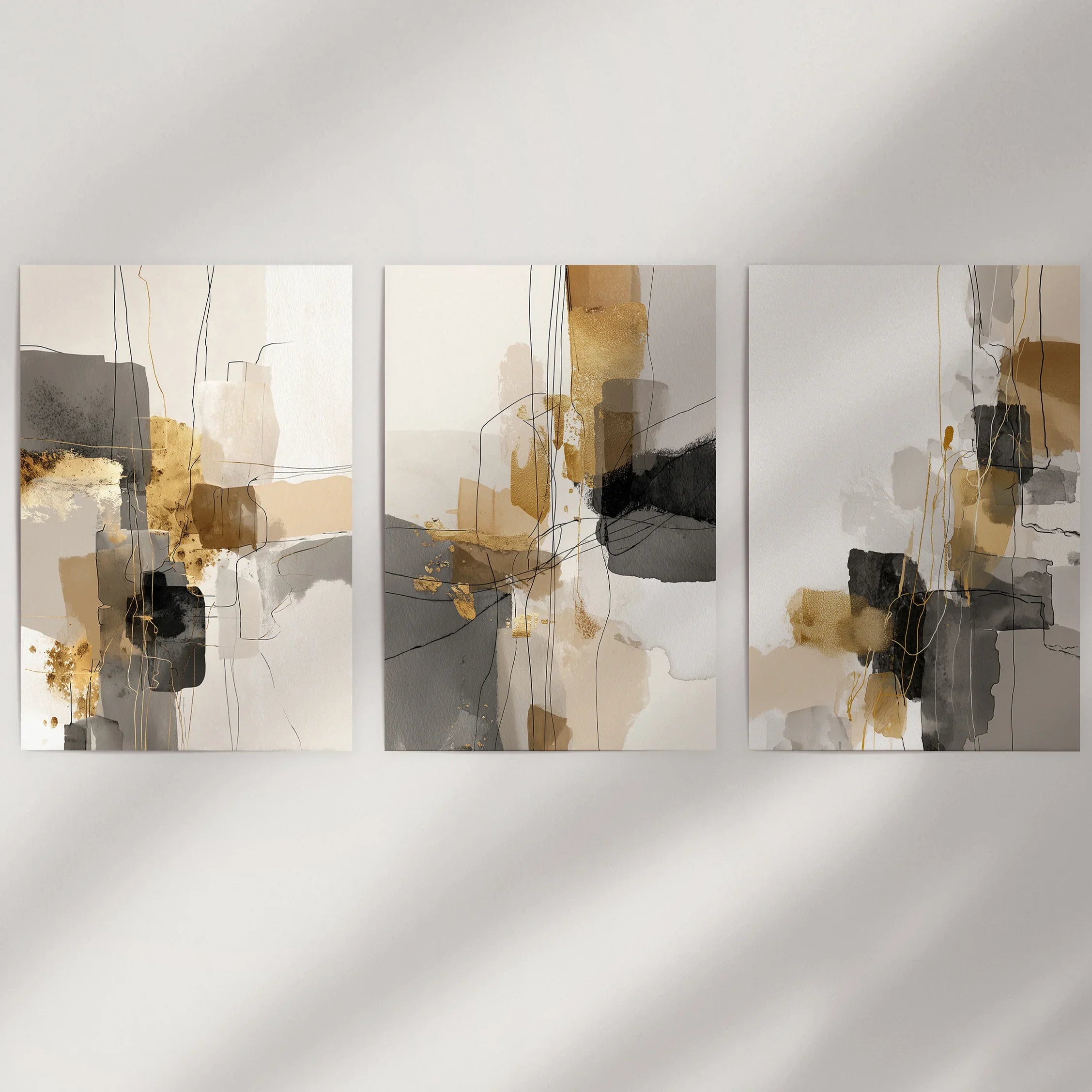 Neutral Abstract Wall Art Set of 3. Beige, Gray, Gold Prints