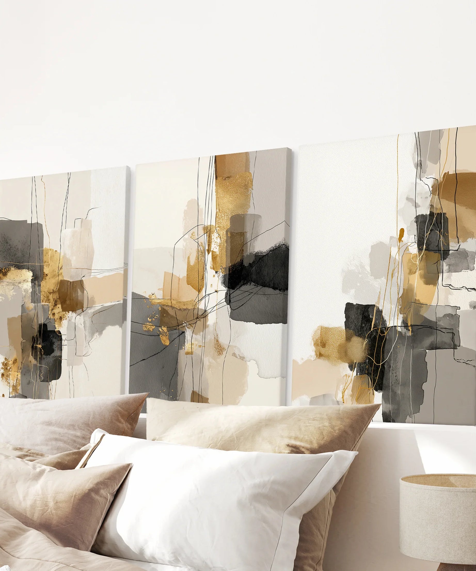 Neutral Abstract Wall Art Set of 3. Beige, Gray, Gold Prints