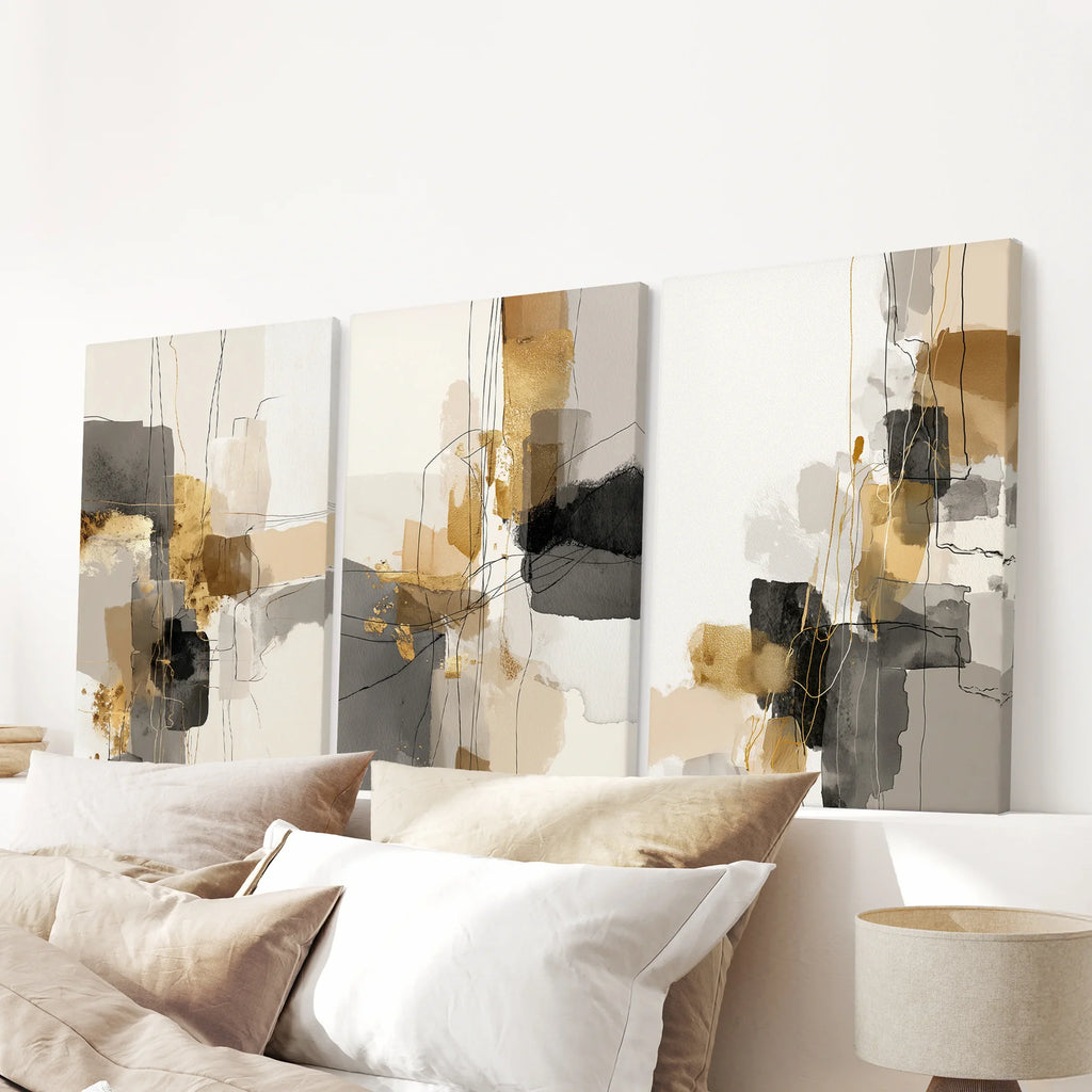 Neutral Abstract Wall Art Set of 3. Beige, Gray, Gold Prints