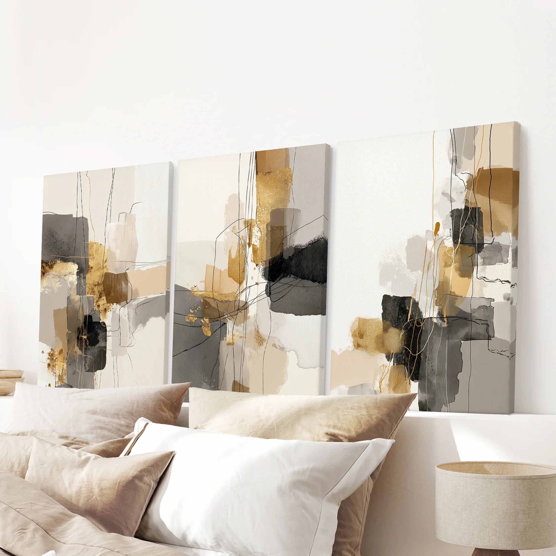 Neutral Abstract Wall Art Set of 3. Beige, Gray, Gold Prints