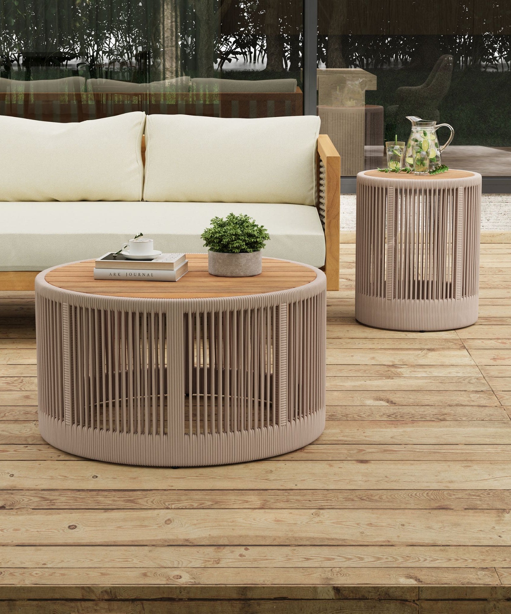 Alora Modern Rustic Coffee Table & Side Table With Woven Rope Design (SAK56739)