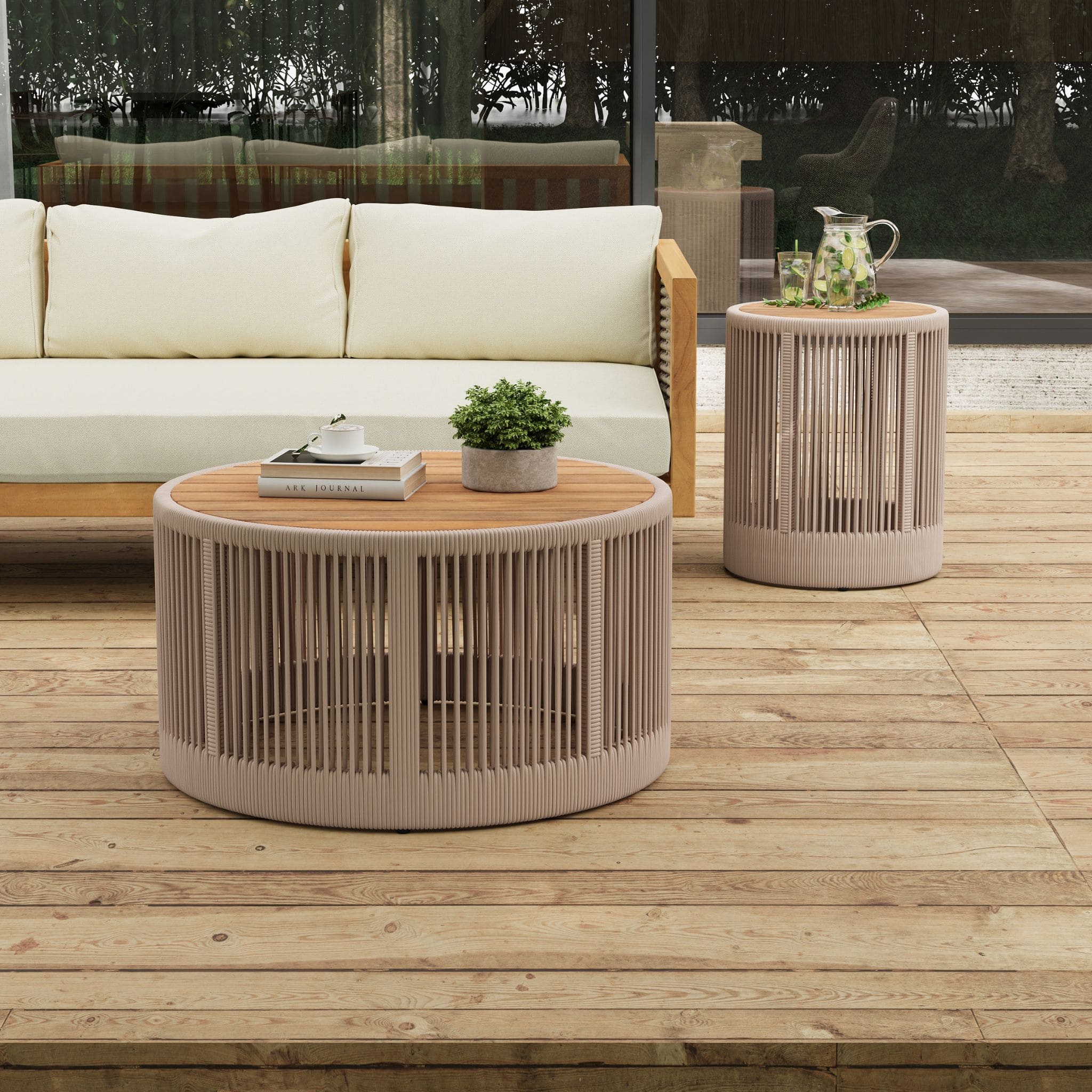 Alora Modern Rustic Coffee Table & Side Table With Woven Rope Design (SAK56739)