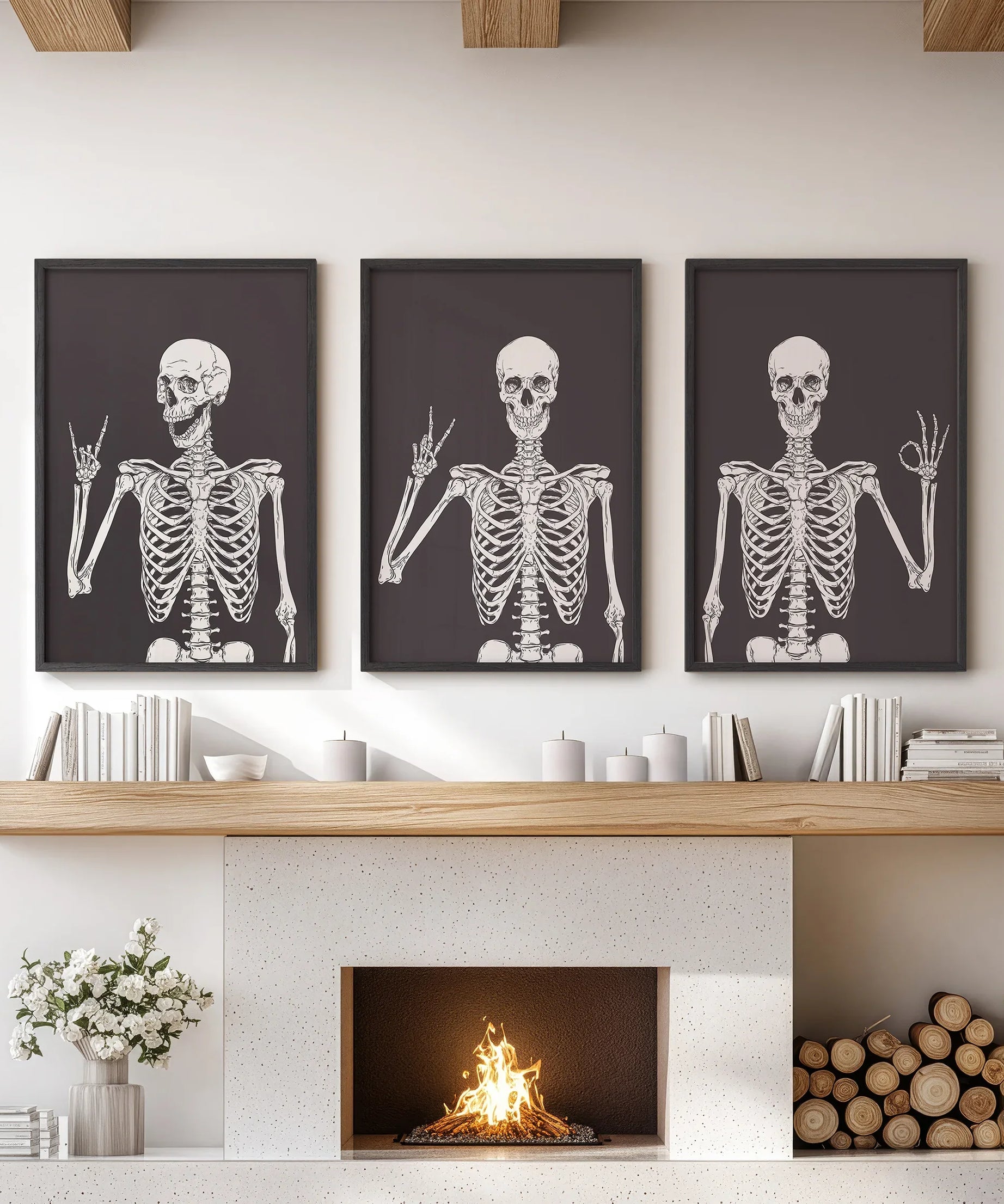 Halloween Skeleton Wall Art Set. 3 Piece Black Gothic Prints