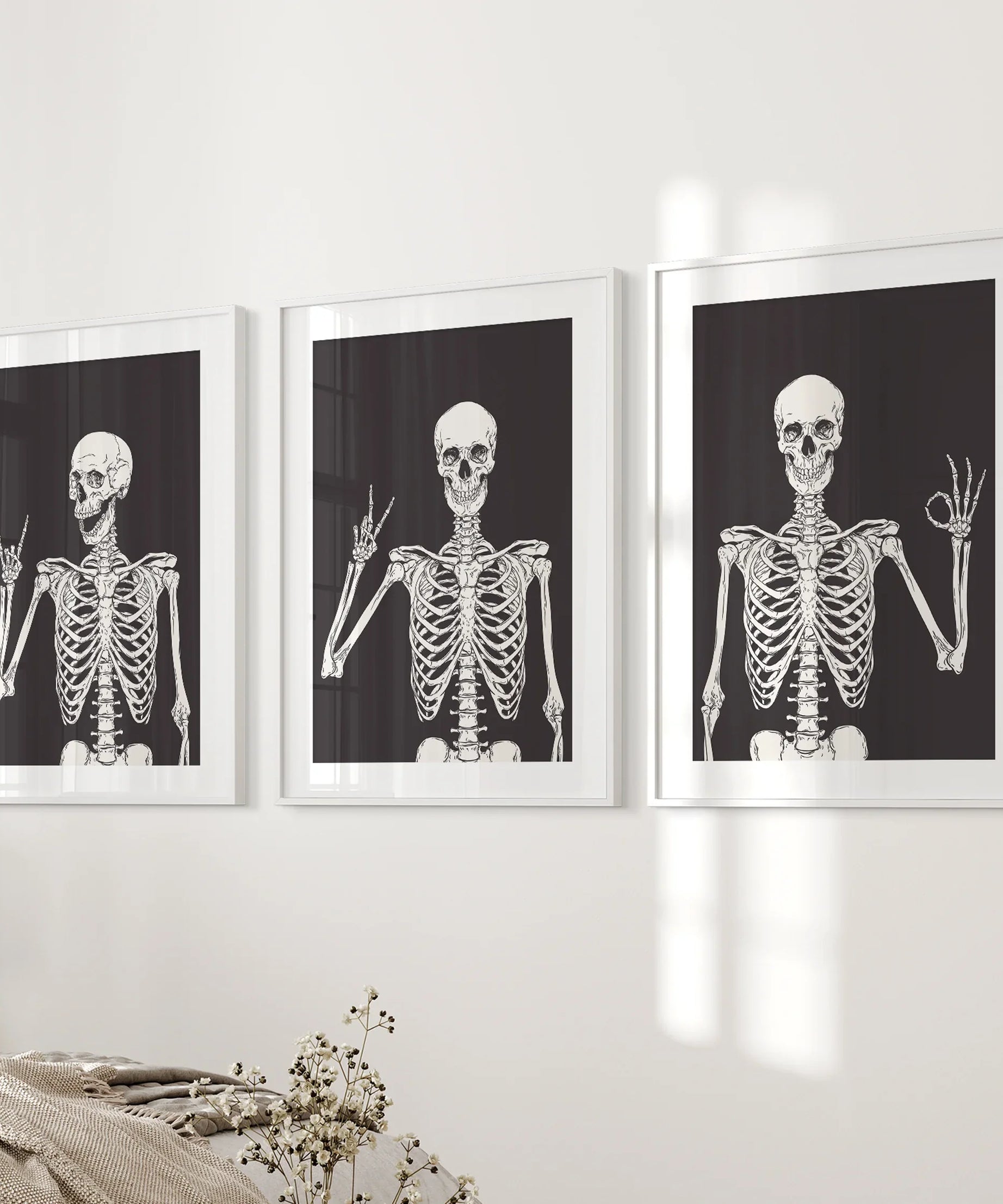 Halloween Skeleton Wall Art Set. 3 Piece Black Gothic Prints