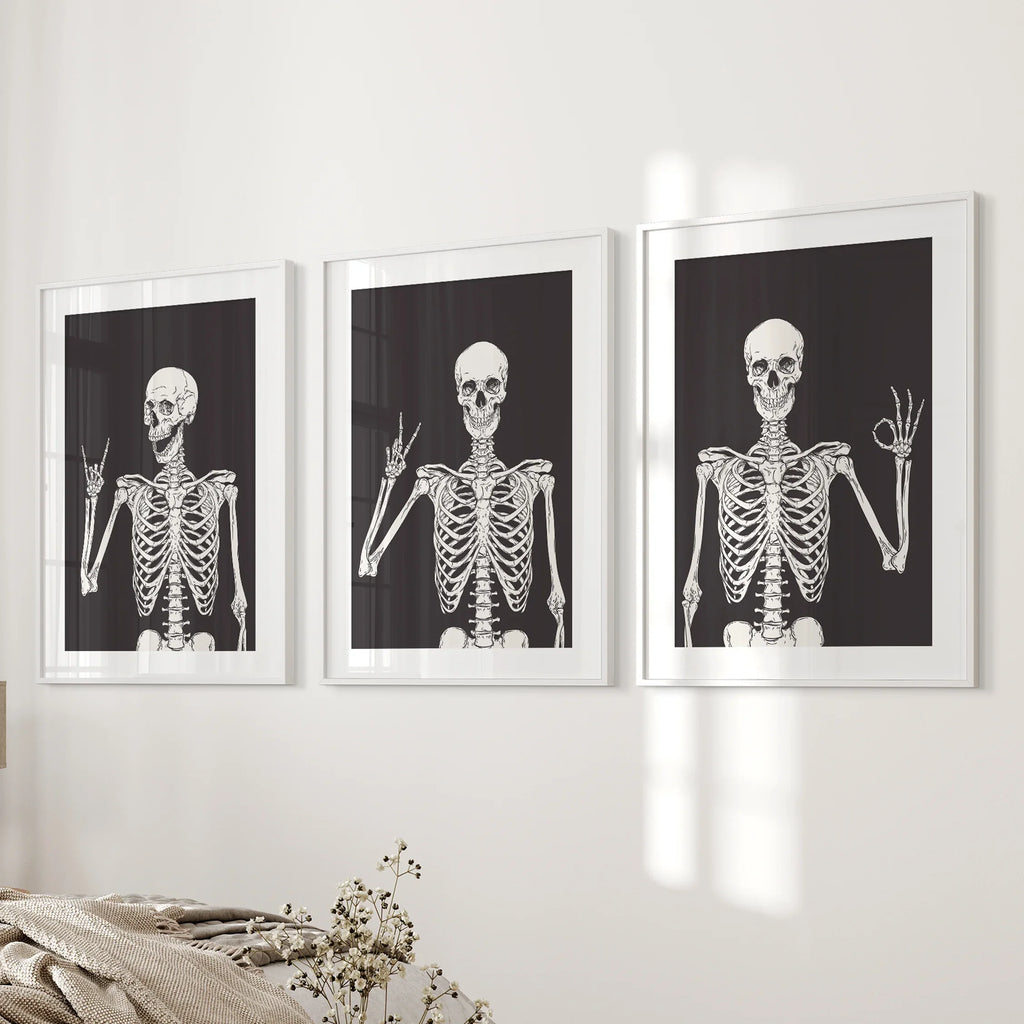 Halloween Skeleton Wall Art Set. 3 Piece Black Gothic Prints