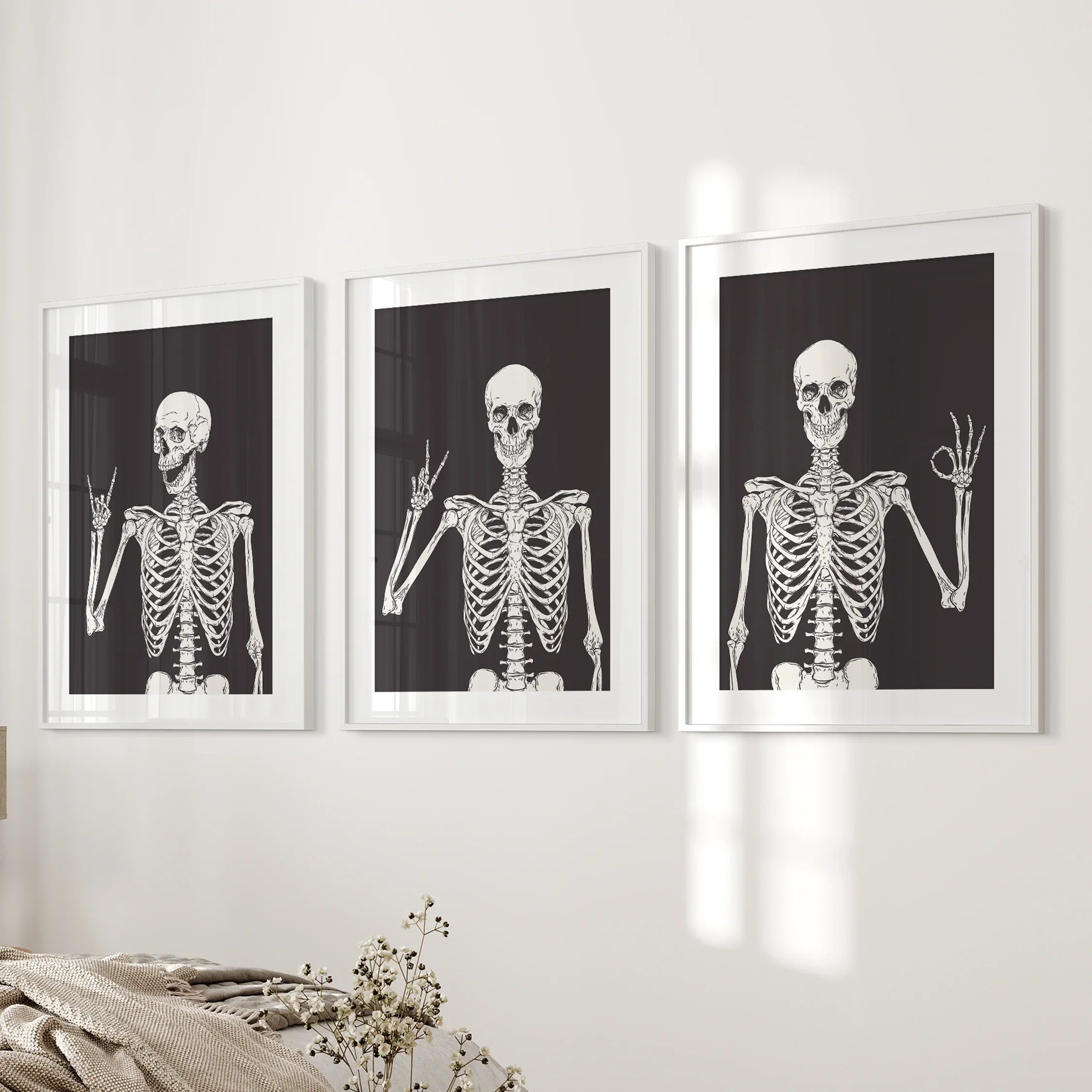 Halloween Skeleton Wall Art Set. 3 Piece Black Gothic Prints