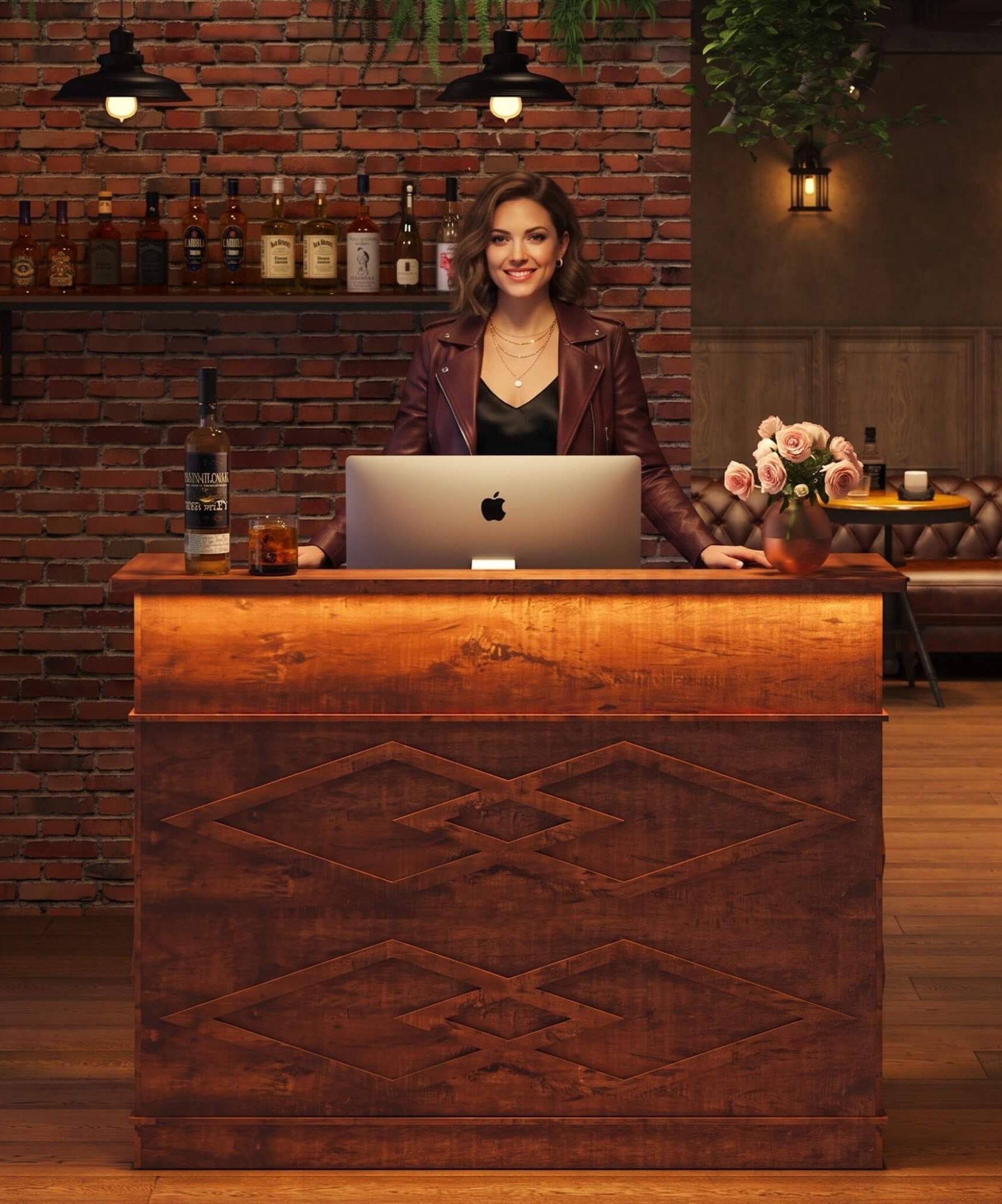 52-Inch Modern Walnut Standing Reception Desk With Laminate Countertop (SAK17835)