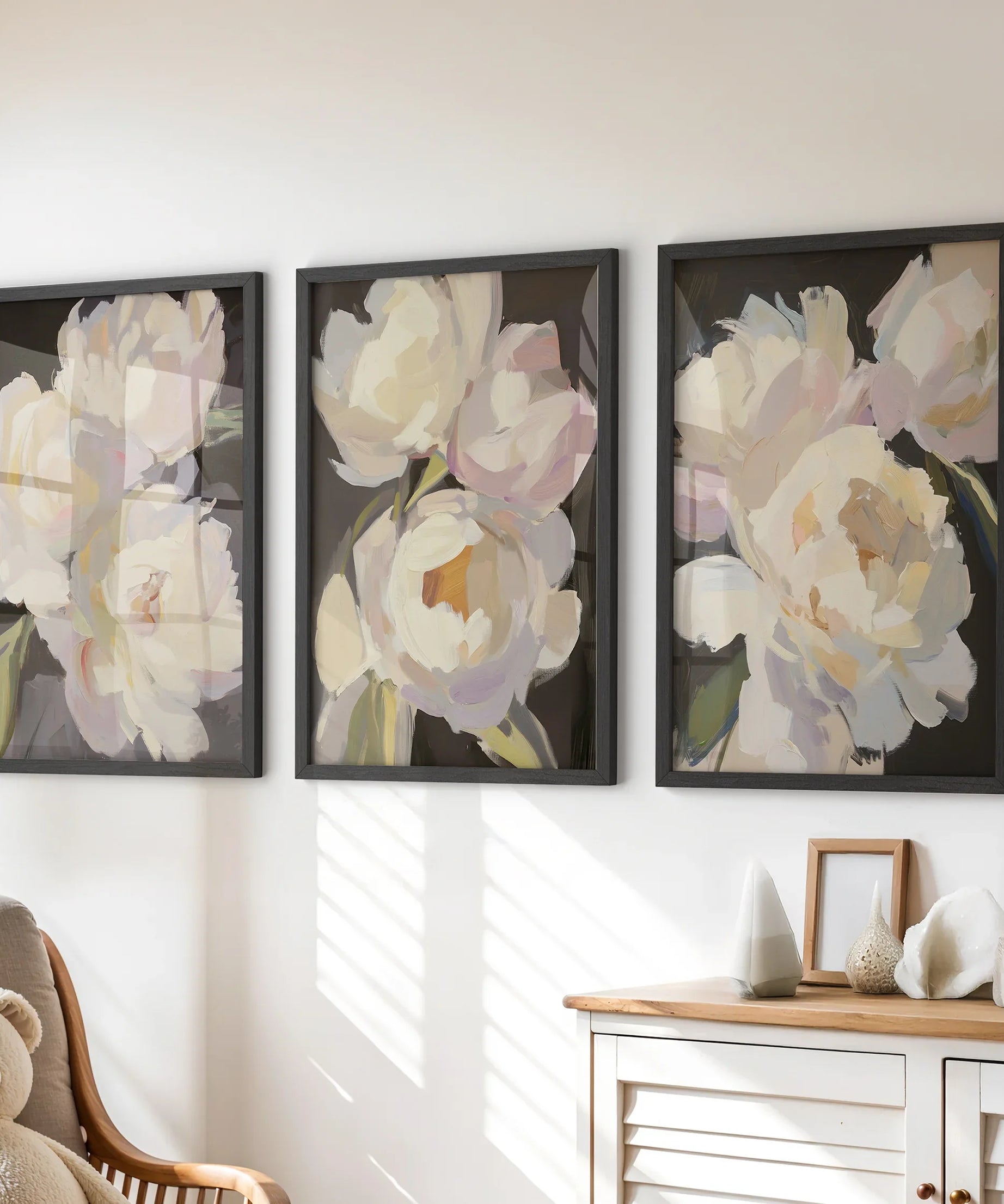 Moody Pink and White Peonies Art. Floral Set of 3 Prints