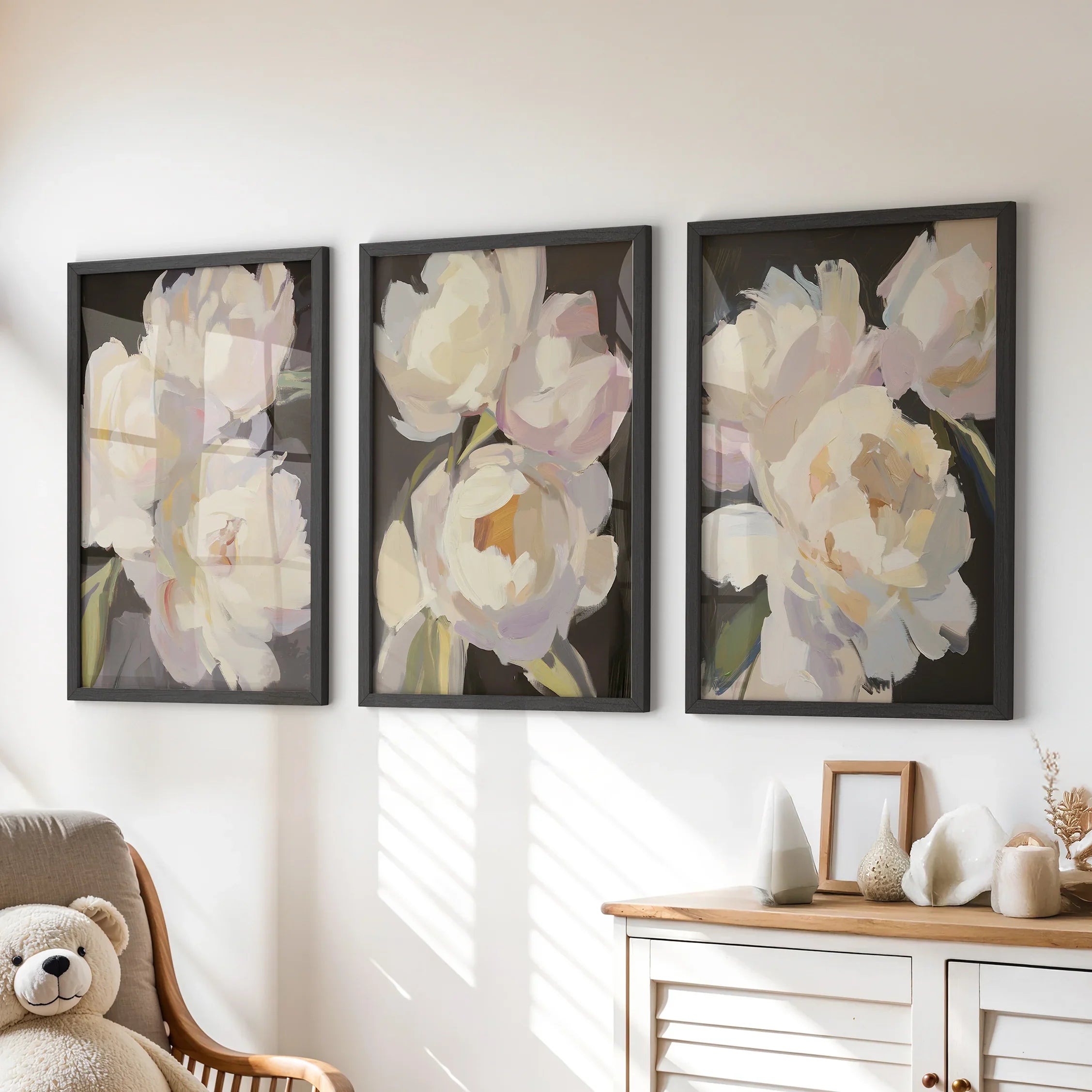 Moody Pink and White Peonies Art. Floral Set of 3 Prints