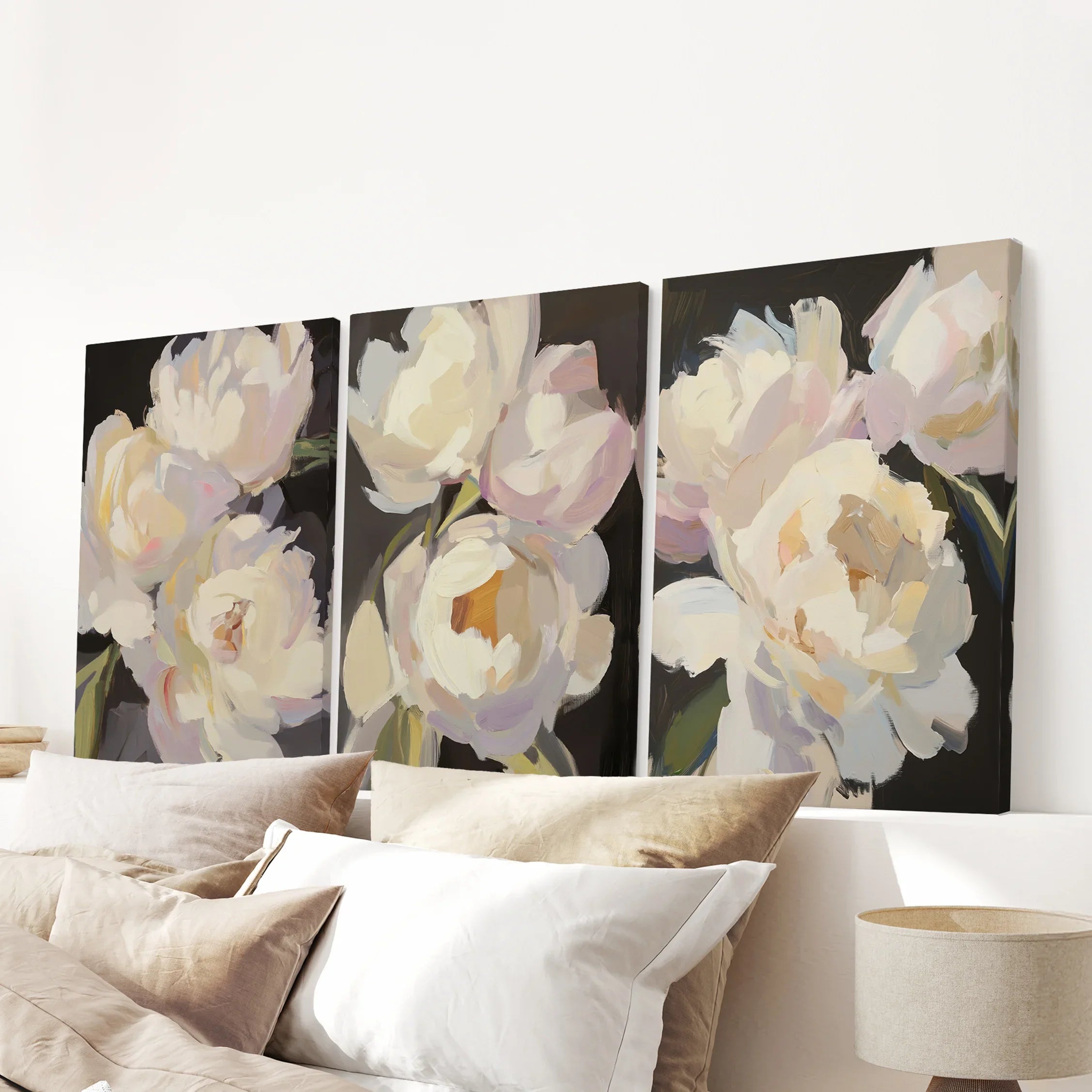 Moody Pink and White Peonies Art. Floral Set of 3 Prints