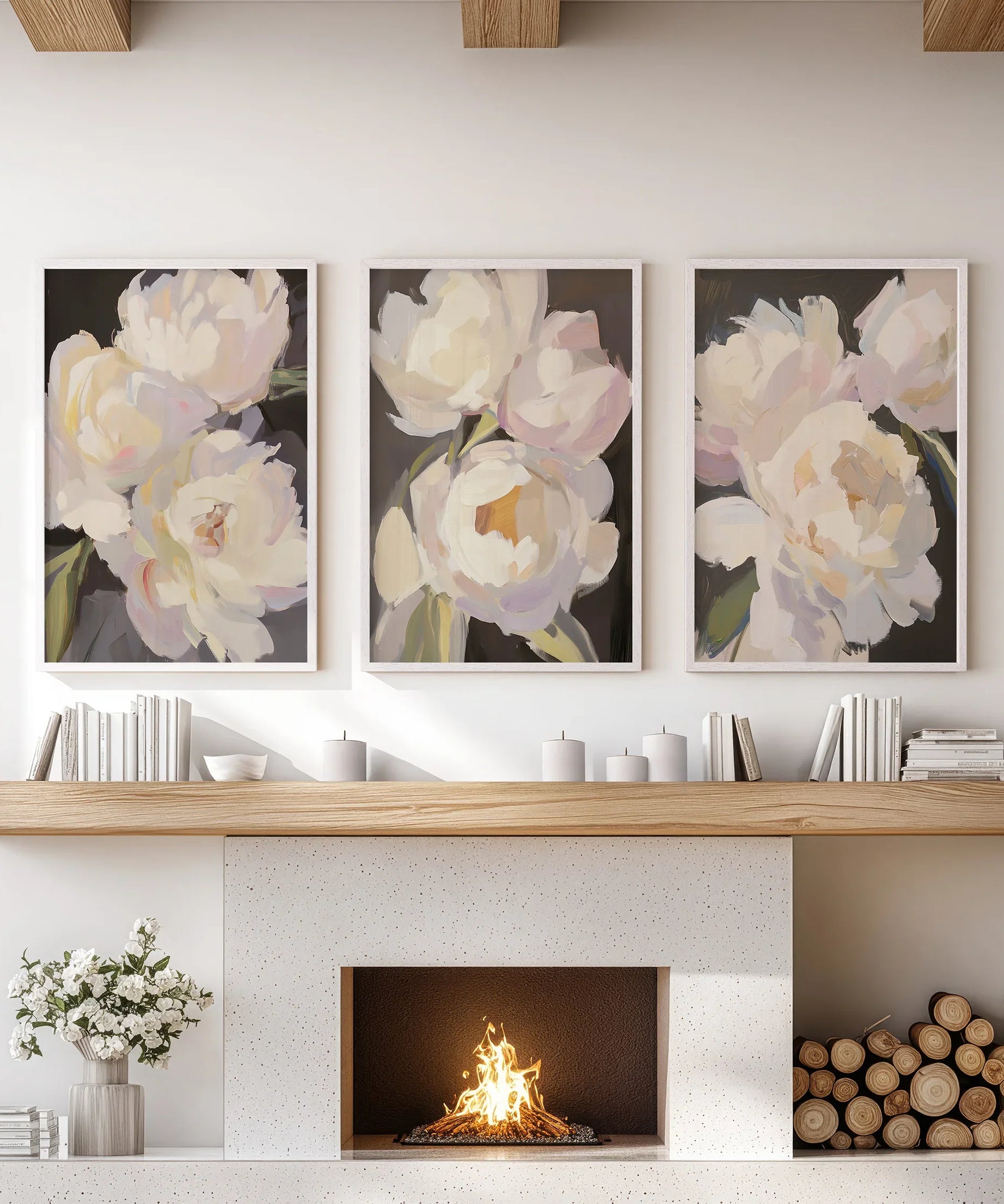 Moody Pink and White Peonies Art. Floral Set of 3 Prints