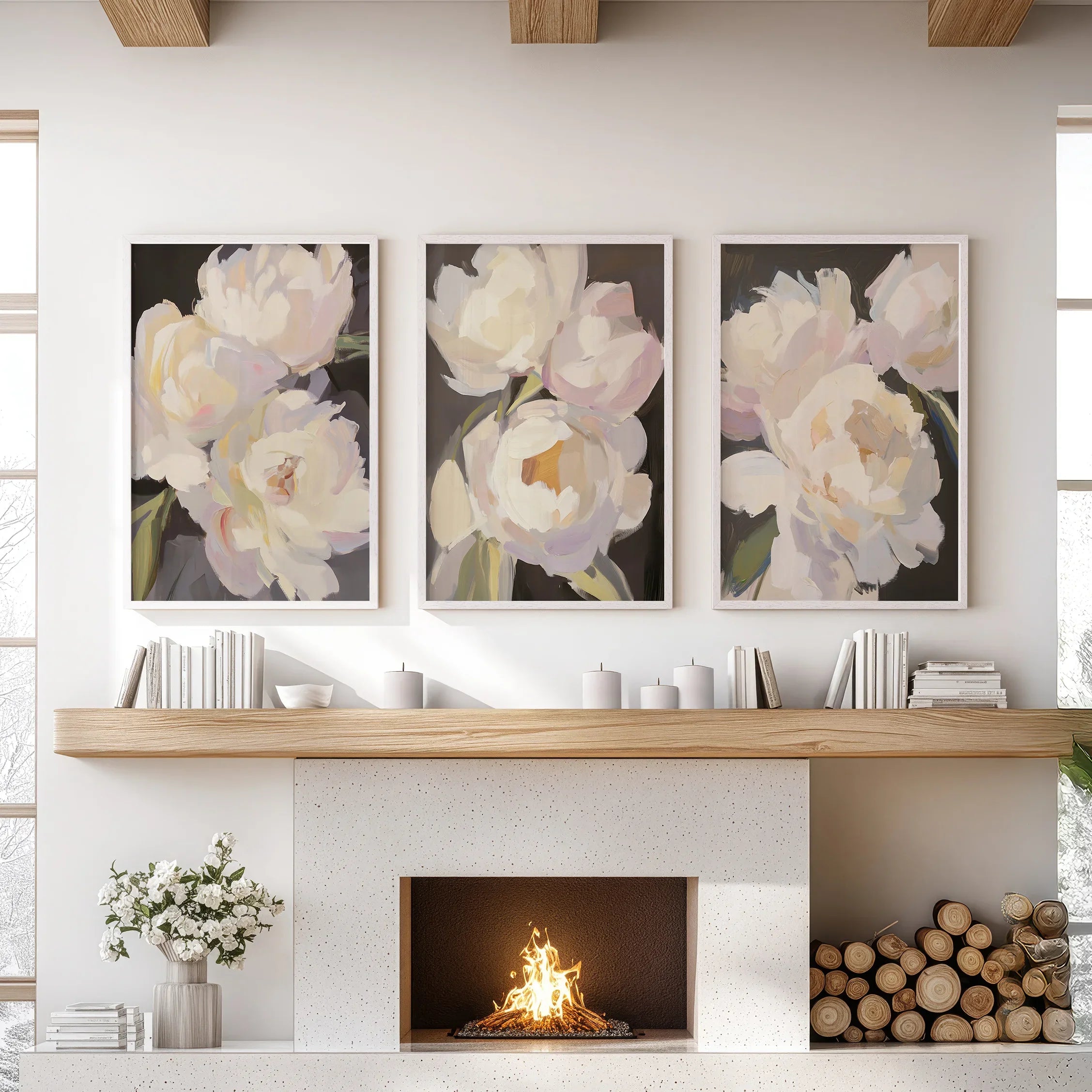 Moody Pink and White Peonies Art. Floral Set of 3 Prints