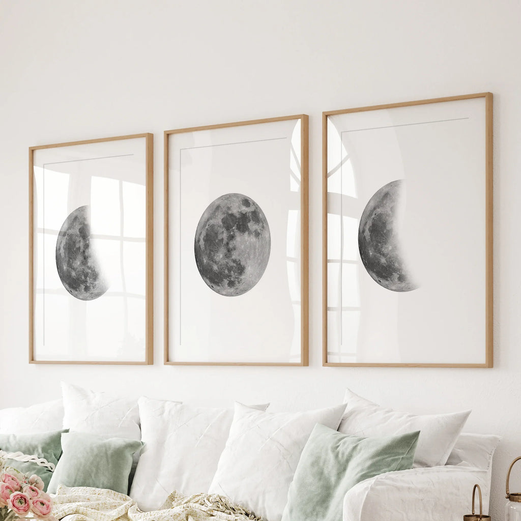 Moon Phases Set of 3 Prints. Black and White Lunar Cycle