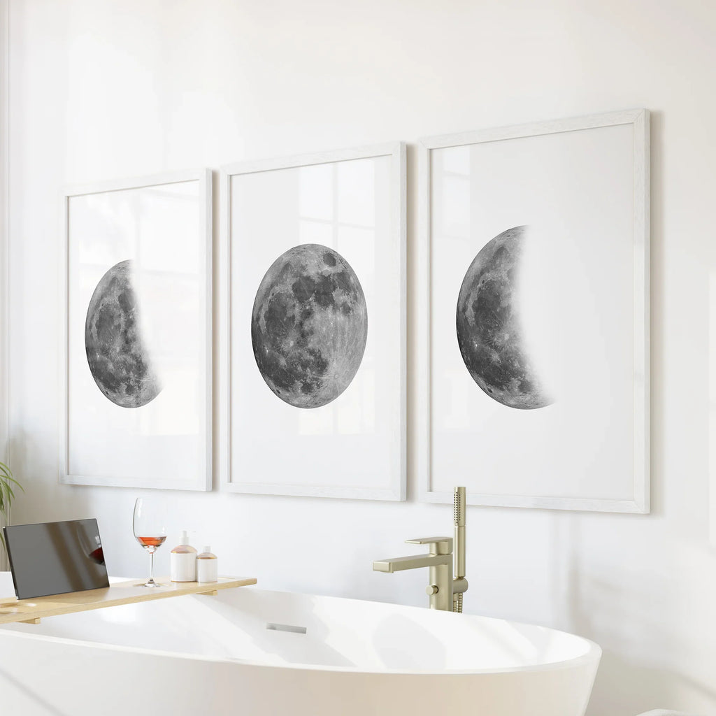 Moon Phases Set of 3 Prints. Black and White Lunar Cycle