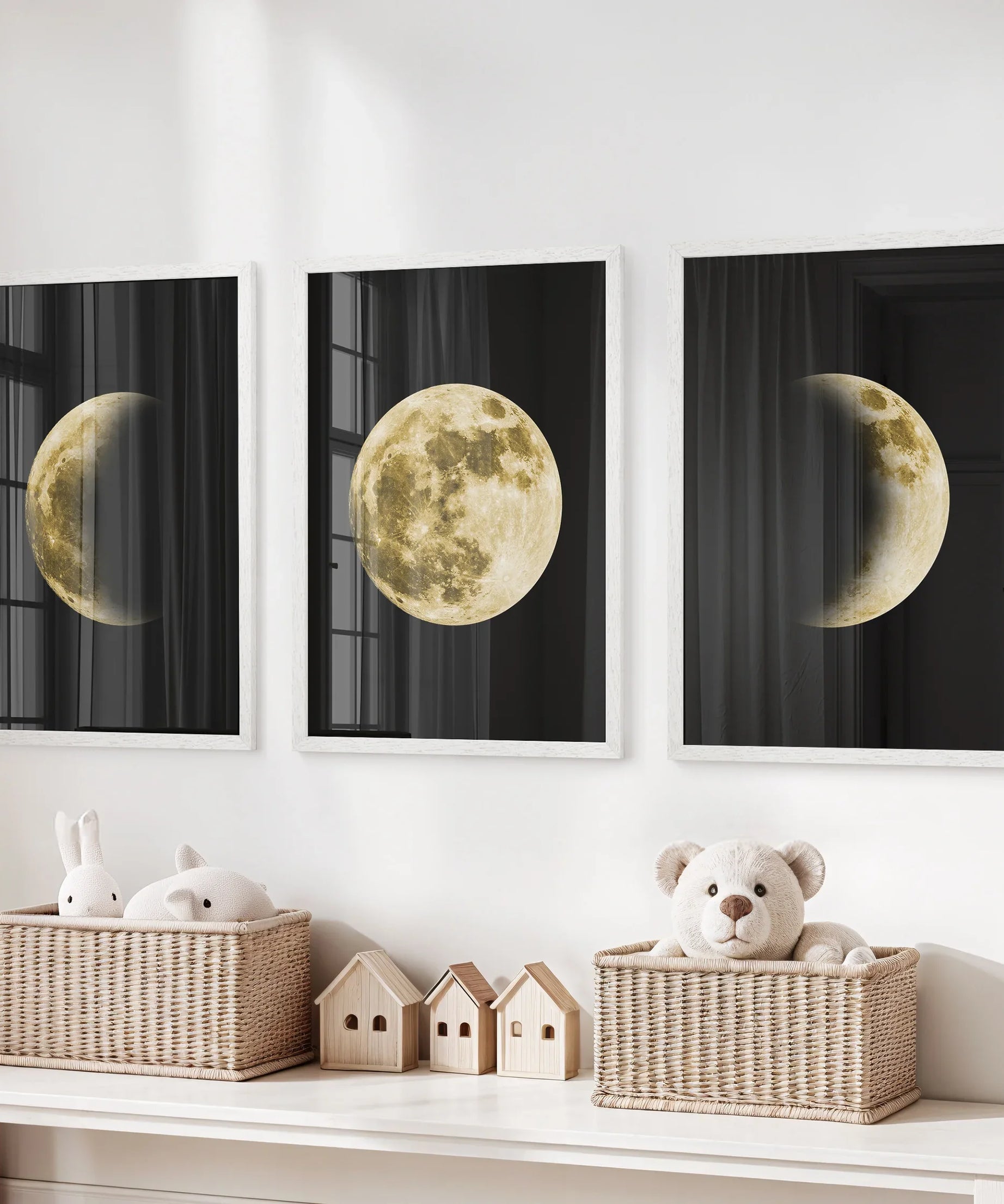 Celestial Moon 3 Piece Wall Decor. Gold Full Moon, Phases