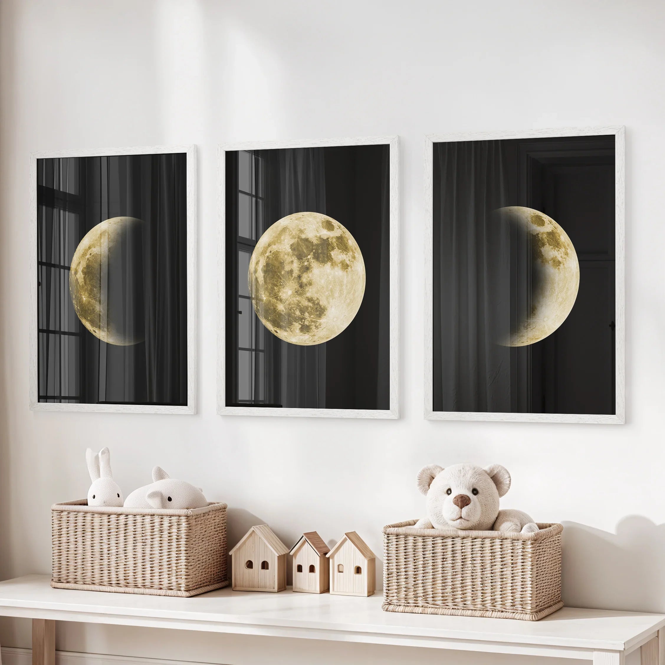 Celestial Moon 3 Piece Wall Decor. Gold Full Moon, Phases