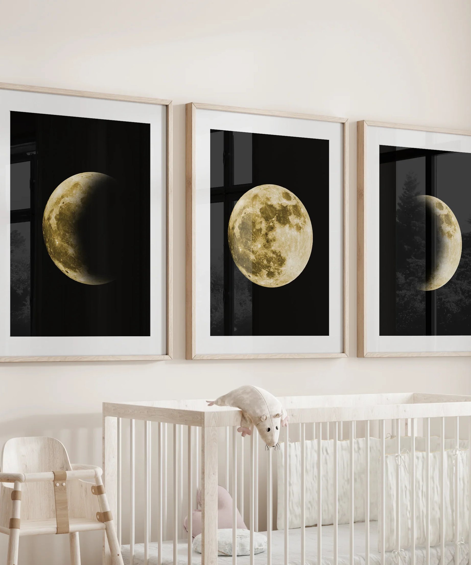 Celestial Moon 3 Piece Wall Decor. Gold Full Moon, Phases