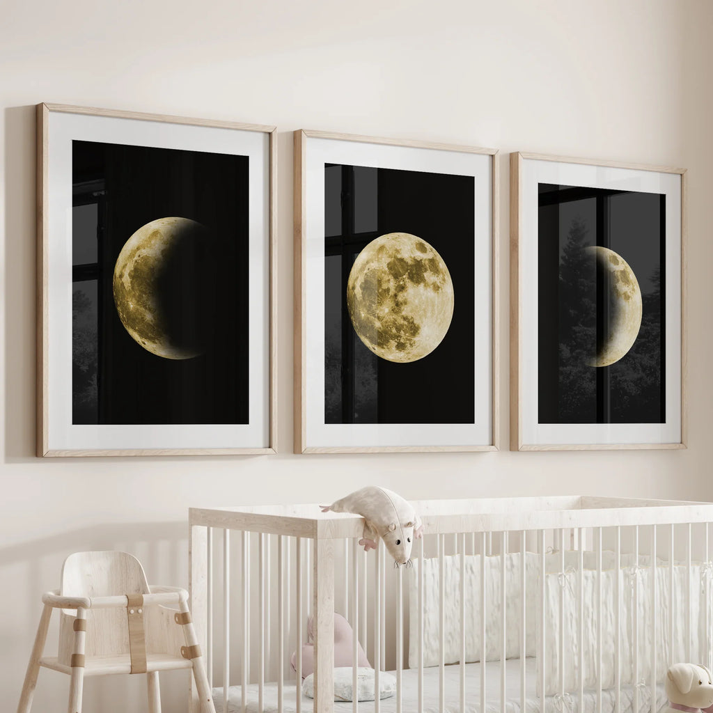 Celestial Moon 3 Piece Wall Decor. Gold Full Moon, Phases