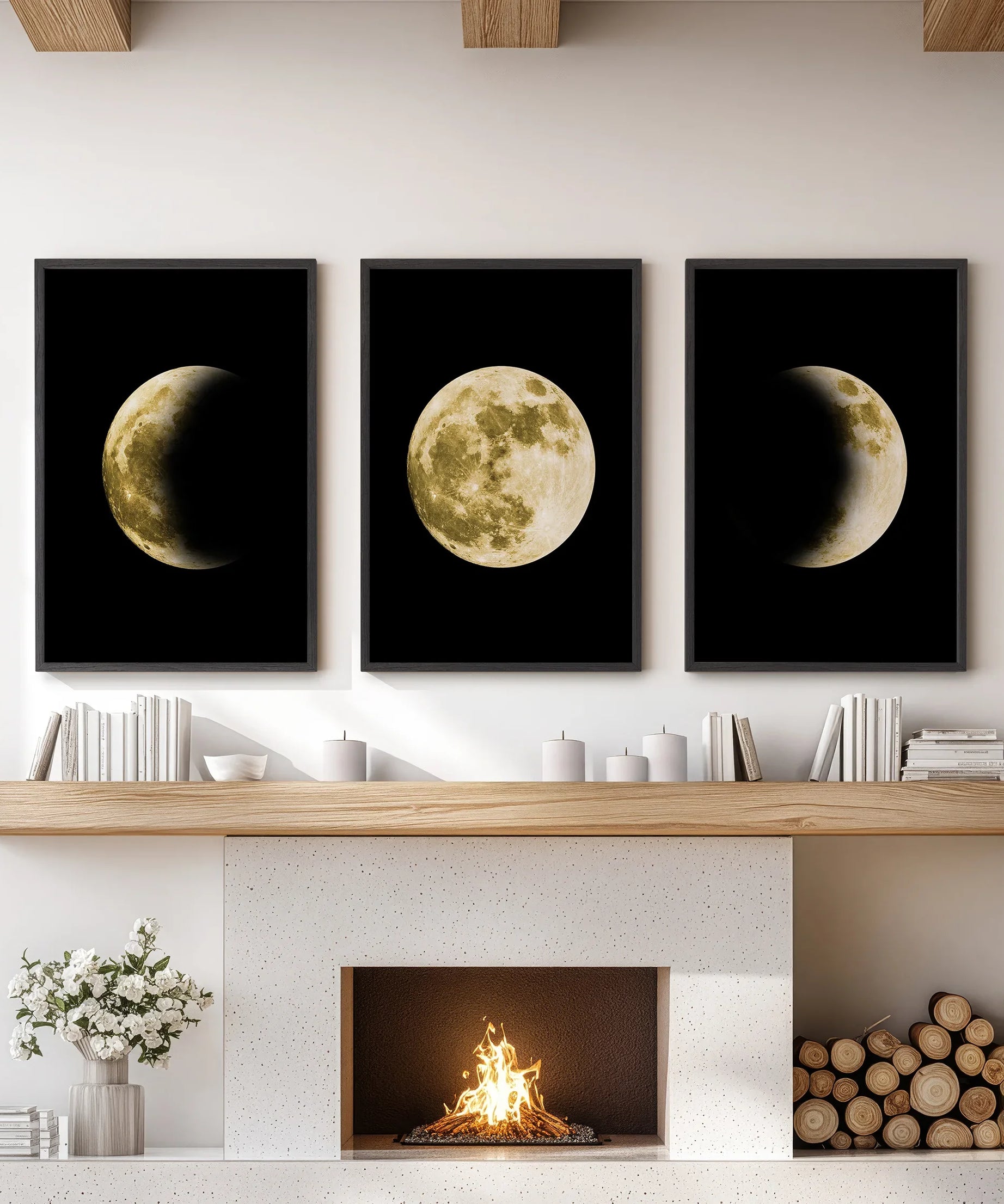 Celestial Moon 3 Piece Wall Decor. Gold Full Moon, Phases