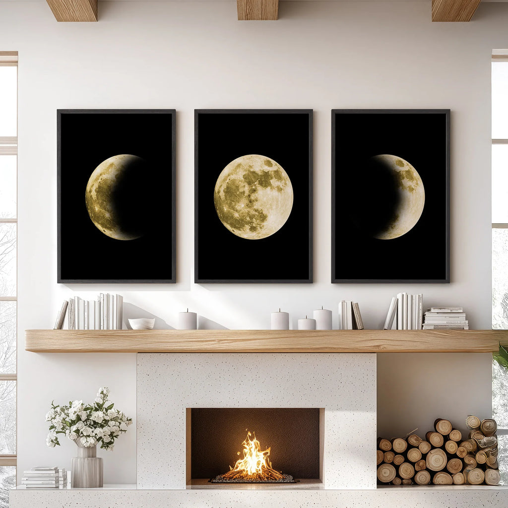Celestial Moon 3 Piece Wall Decor. Gold Full Moon, Phases