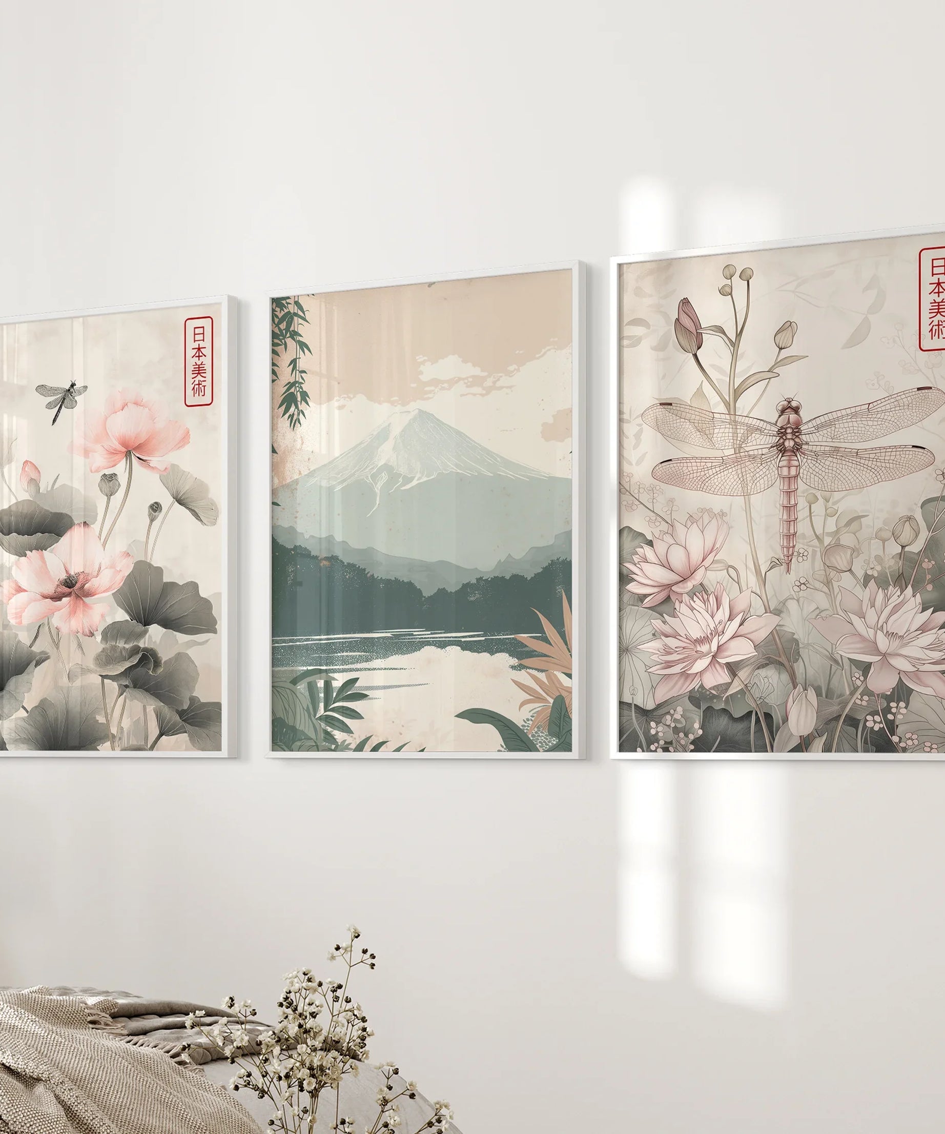 Japandi Style Set of 3 Wall Art. Floral and Mountain Prints